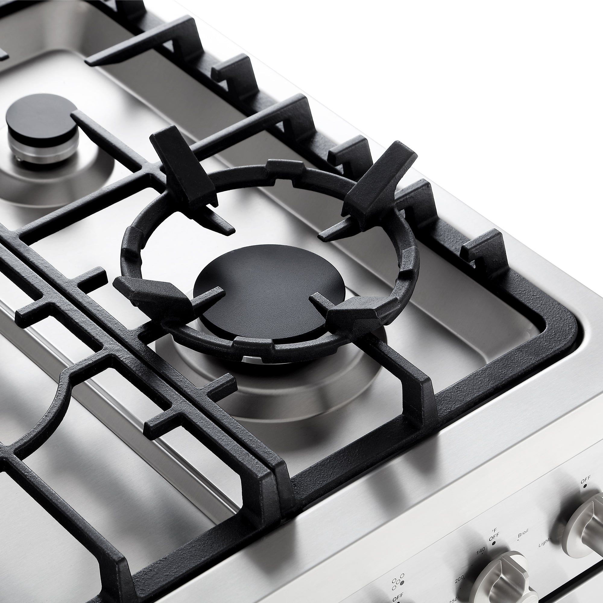 Close-up of the Empava 30 Inch Freestanding Range Gas Cooktop And Oven with stainless steel construction and black cast iron grates. The cooktop features two visible burners, one larger and one smaller, along with control knobs positioned along the front edge for flame adjustment. The design is modern and sleek.