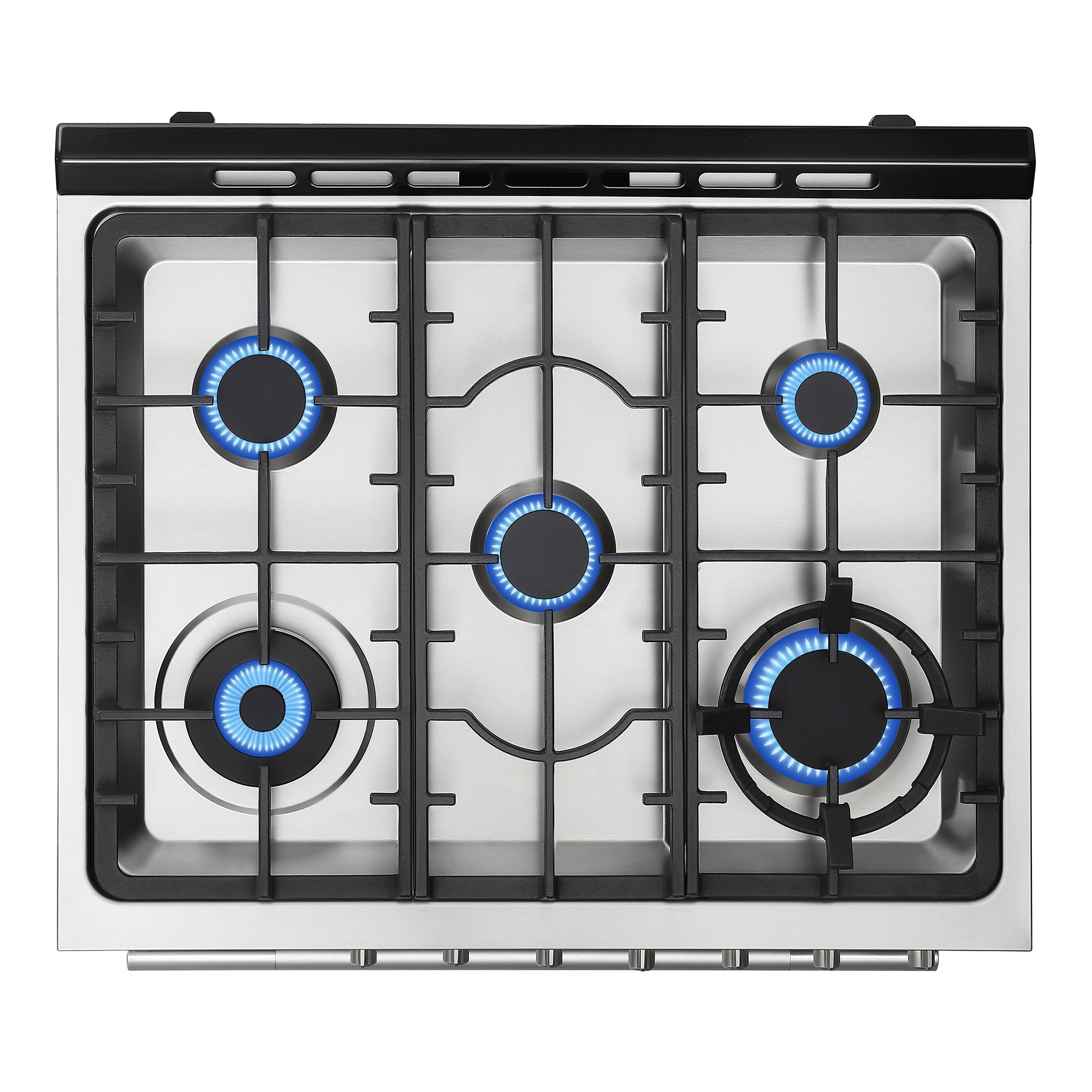 Top view of the Empava 30 Inch Freestanding Range Gas Cooktop and Oven, showcasing five black burners emitting a blue flame. The cooktop features sturdy black grates and control knobs positioned along the bottom edge.