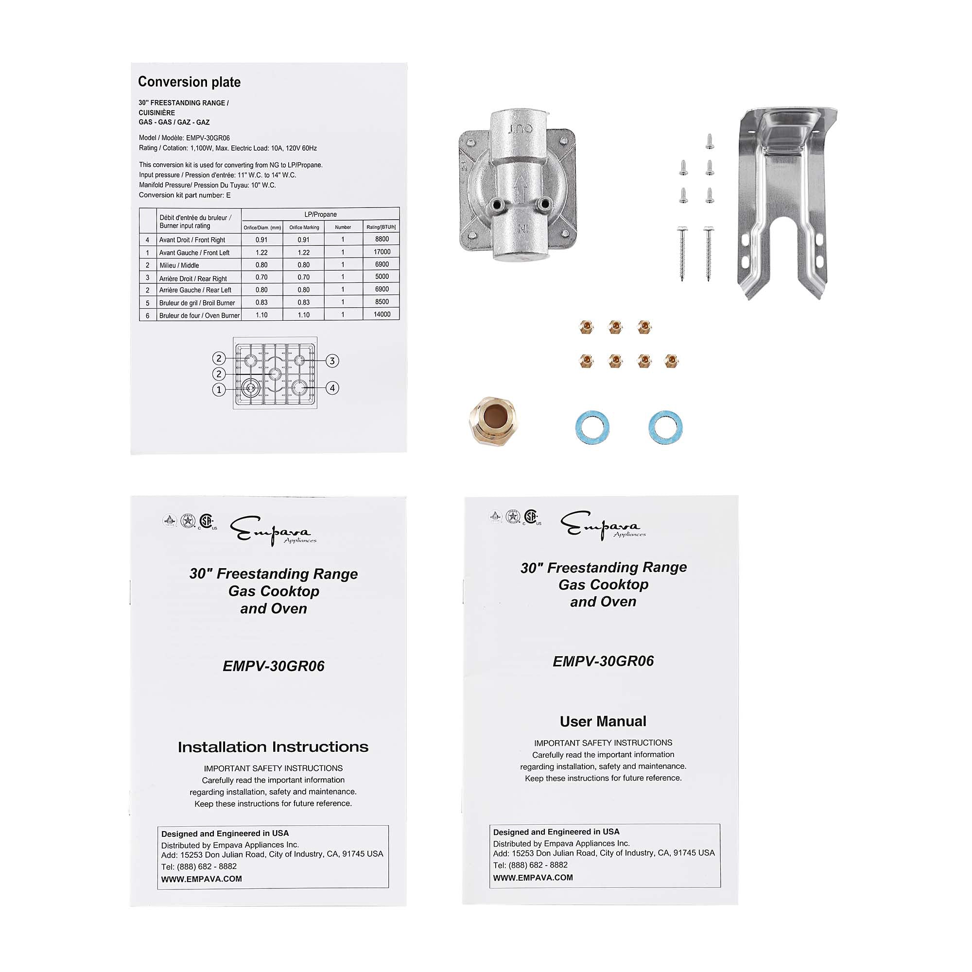 Image displaying a conversion kit for the Empava 30 Inch Freestanding Range Gas Cooktop And Oven. The kit comprises a conversion plate, brackets, various small screws, washers, connectors, installation instructions, a user manual, and two gaskets. Transform your kitchen with reliable Empava appliances.