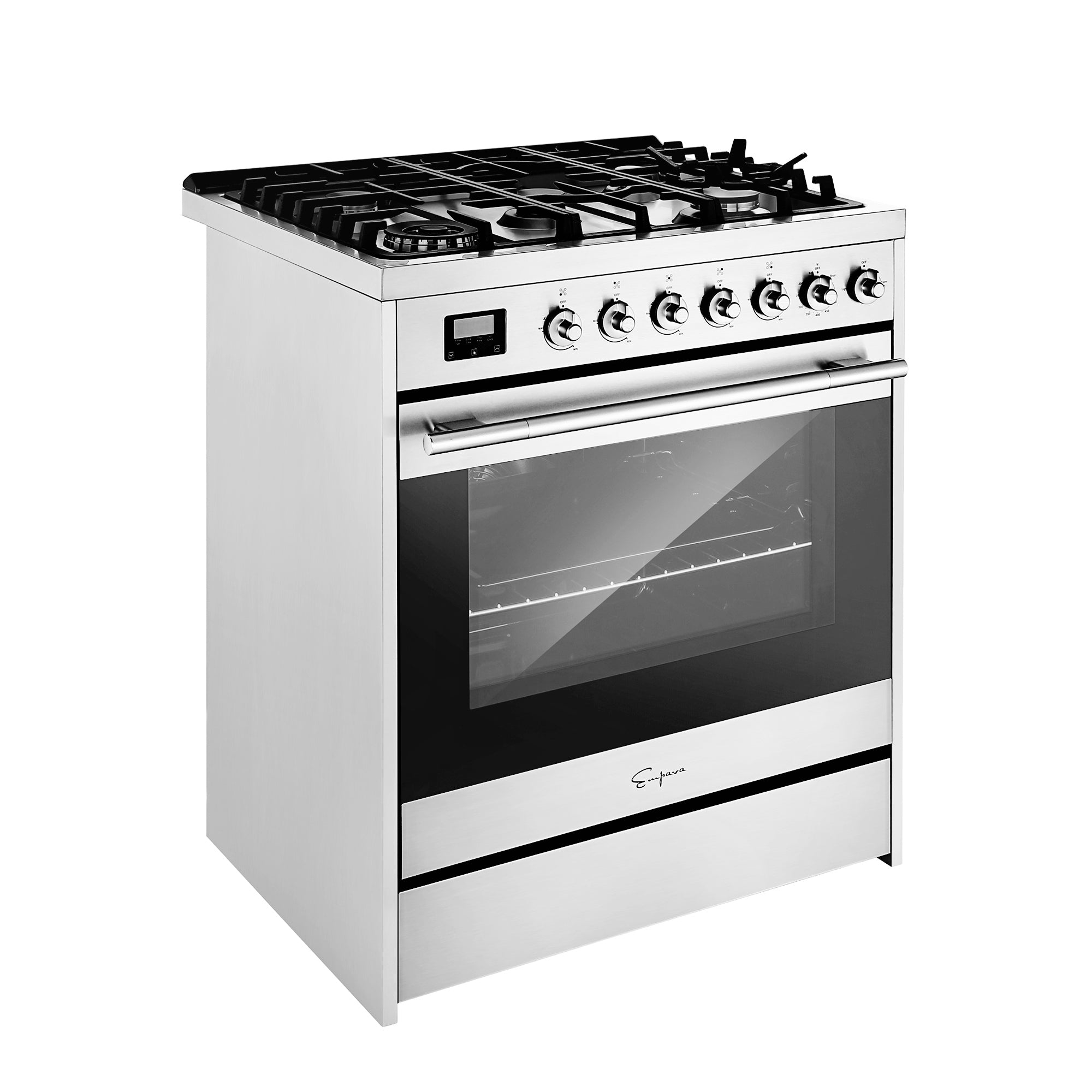 The Empava 30 Inch Freestanding Range Gas Cooktop And Oven, a stainless steel appliance, features five burners on the cooktop and a built-in oven below. It boasts a digital display, multiple control knobs for precise burner and oven control, and a transparent oven door with a handle for easy monitoring.