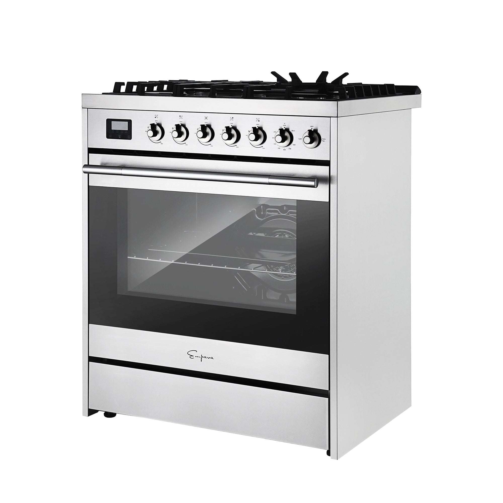 The Empava 30 Inch Freestanding Range Gas Cooktop And Oven boasts six control knobs, a digital display panel, and a large glass-front oven door. Its stovetop includes five burners with sturdy black grates, complemented by a sleek oven handle that spans the width of the door.