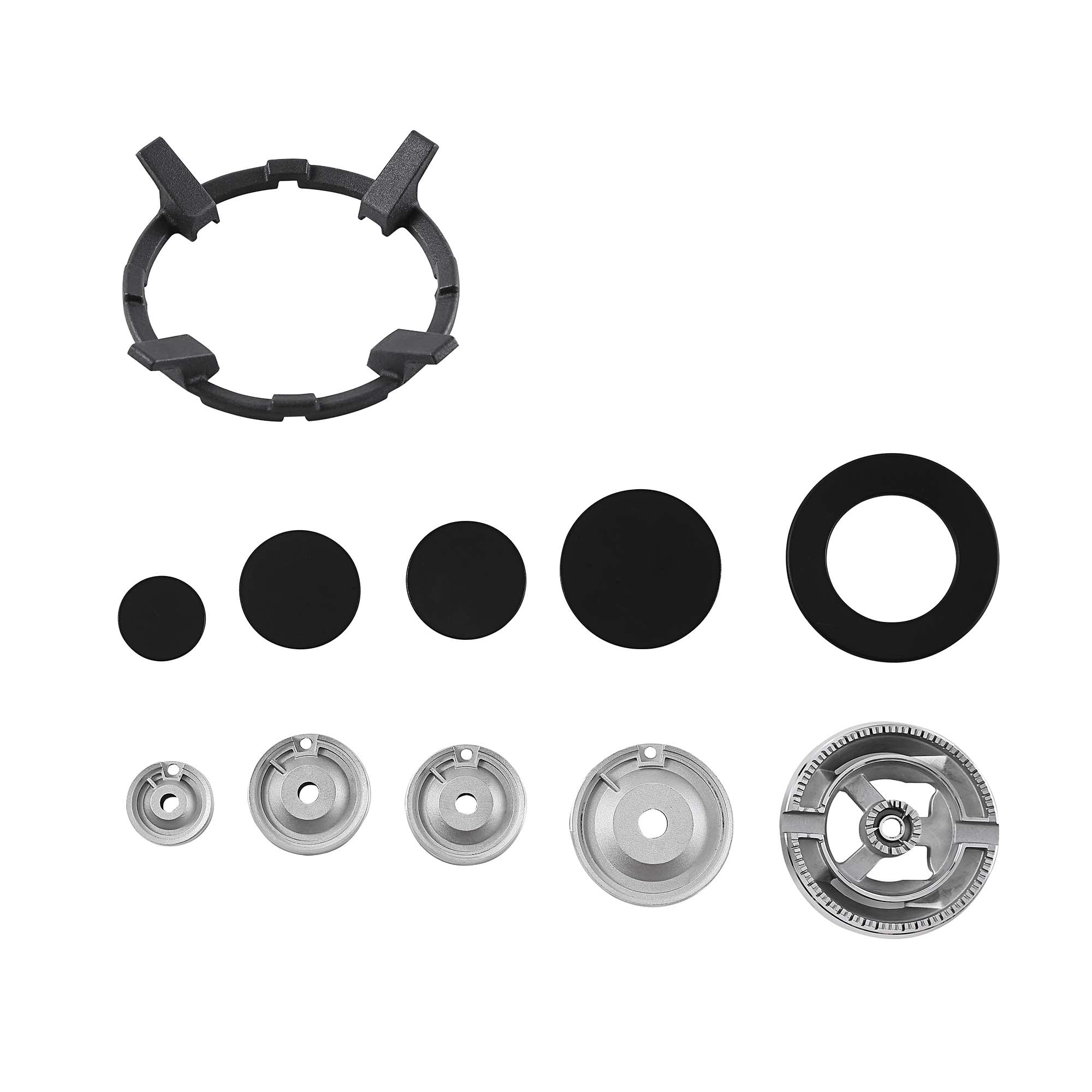 A selection of circular and semi-circular components of different sizes arranged in rows on a white background. The top item is an angular ring, followed by a row of five black circles, and below, a row of five gray mechanical pieces reminiscent of the Empava 30 Inch Freestanding Range Gas Cooktop And Oven.