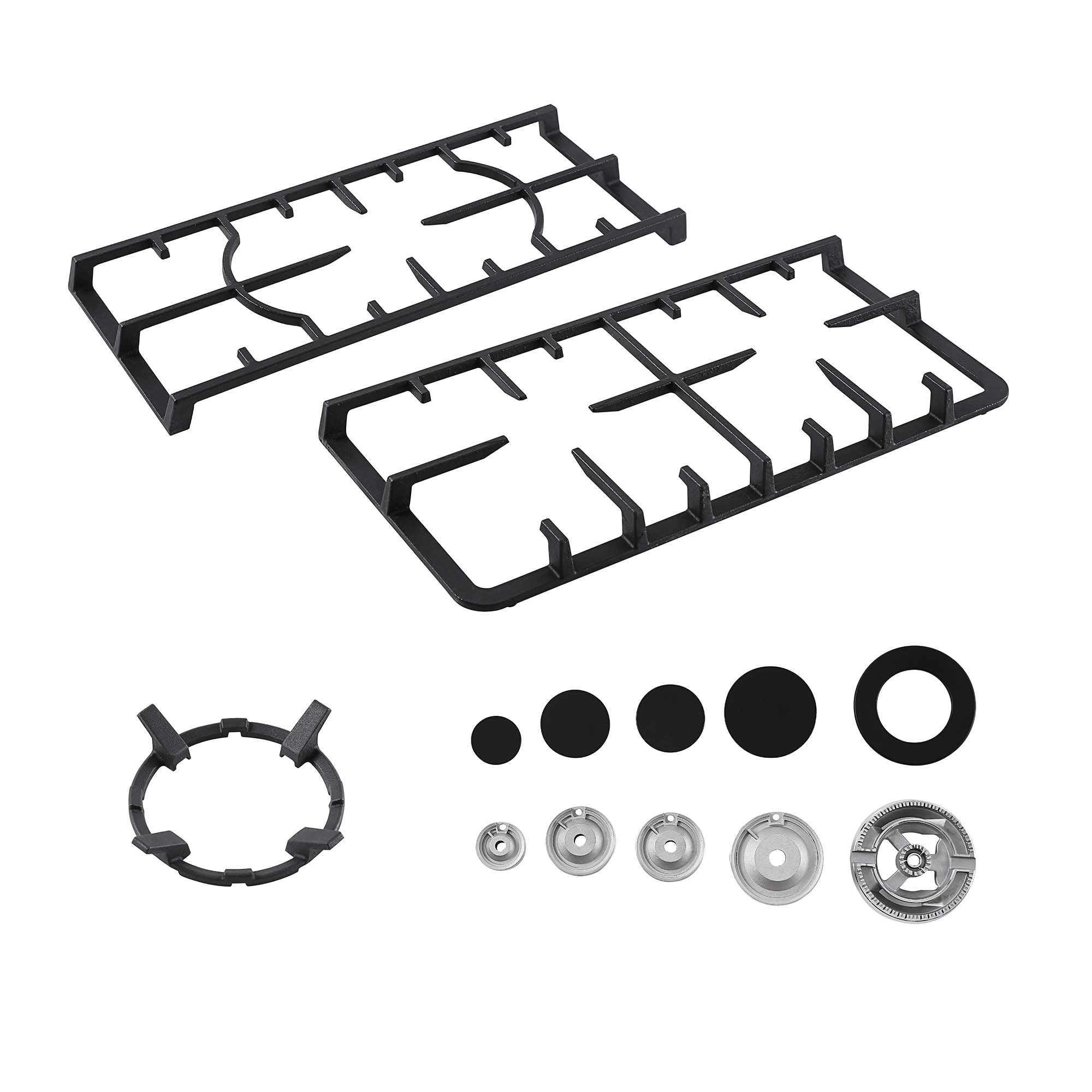 Image displaying an assortment of Empava 30 Inch Freestanding Range Gas Cooktop And Oven accessories. Included are two rectangular black stove grates, a circular burner support ring, five circular burner caps in varying sizes, and four smaller circular components. All items are arranged on a white background.