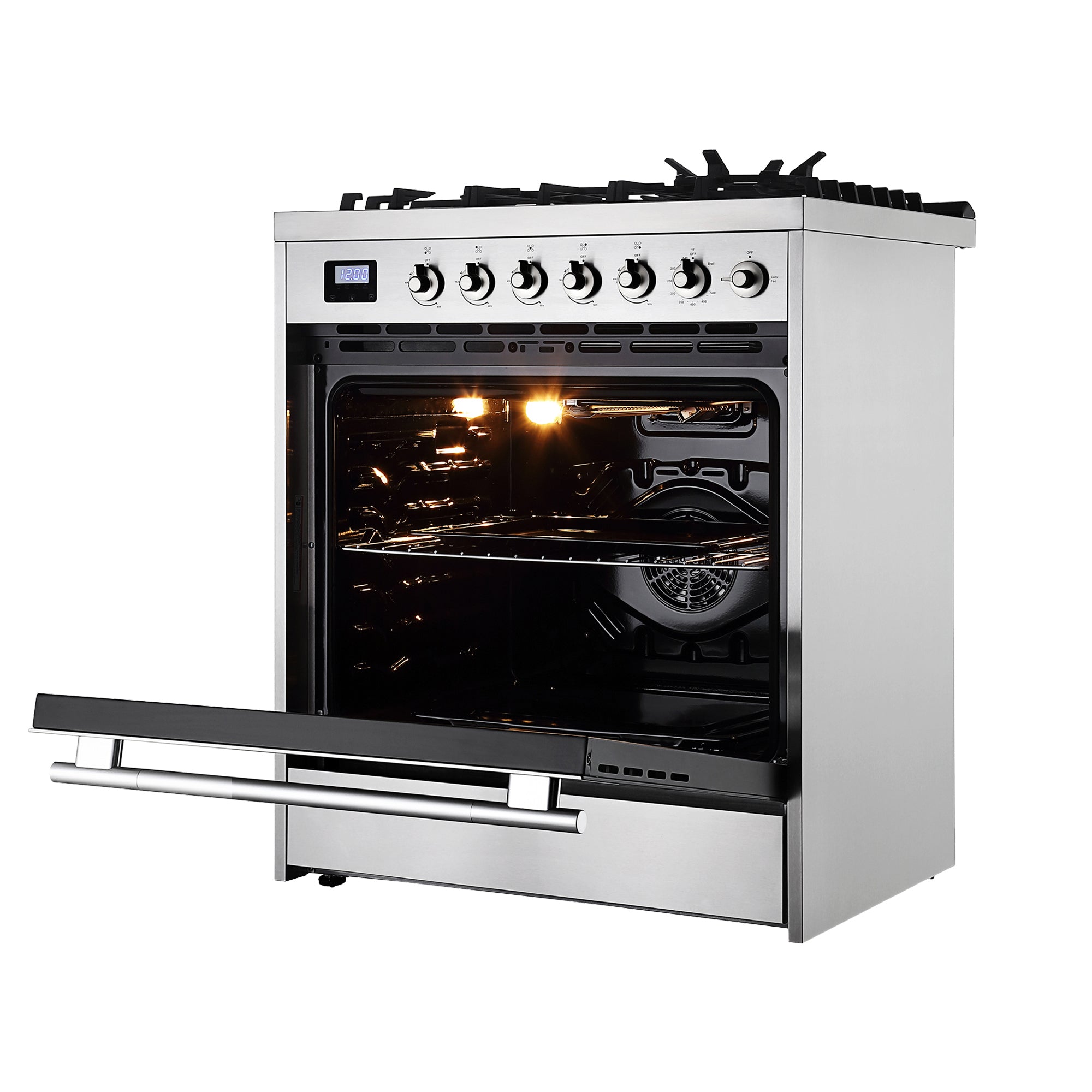 The Empava 30 Inch Freestanding Range Gas Cooktop and Oven features five burners on the top and five control knobs above the oven door. The open oven door reveals two racks and a light inside, while the digital display is lit up, indicating it is powered on.