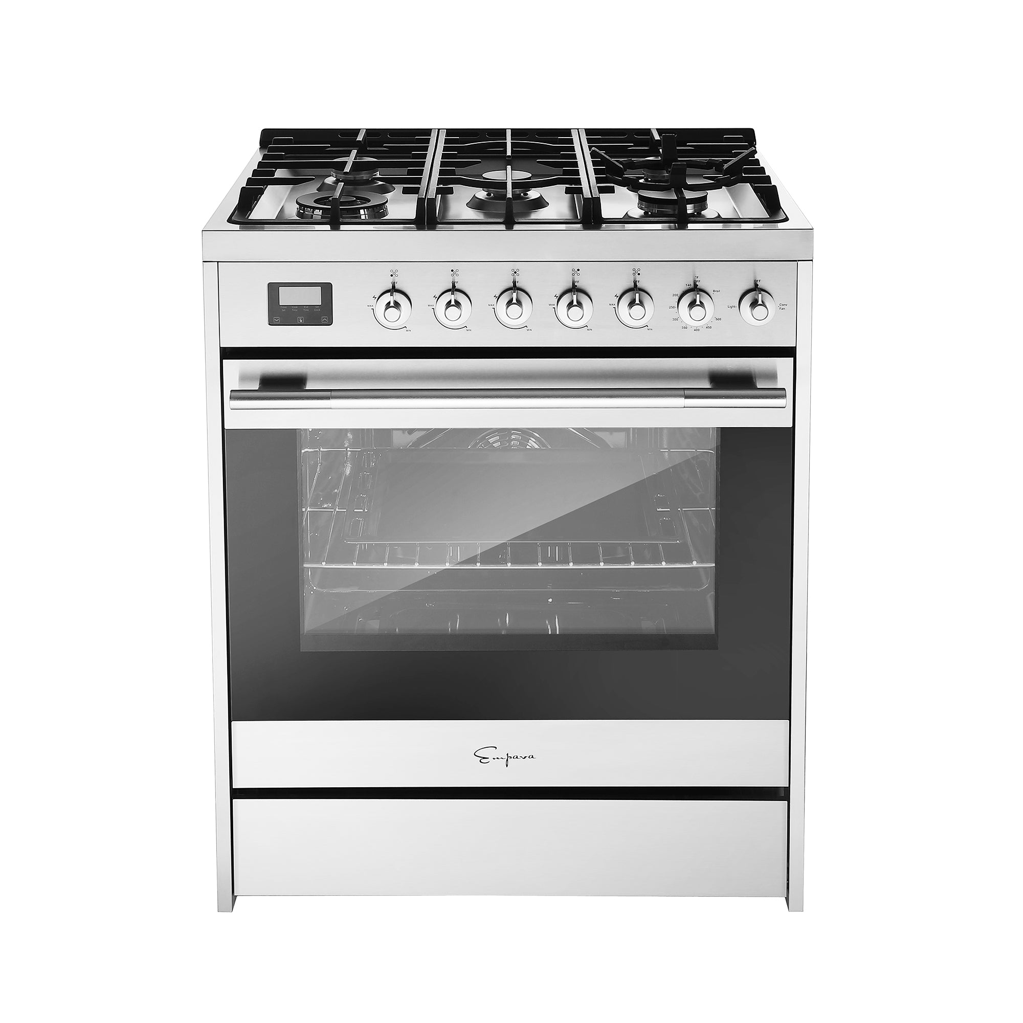 The Empava 30 Inch Freestanding Range Gas Cooktop and Oven features a stainless steel gas stove with five burners on top. It includes five control knobs, a digital display, and an oven with a transparent glass door. Below the oven is a storage drawer displaying the brand name "Empava," highlighting the quality of Empava appliances.