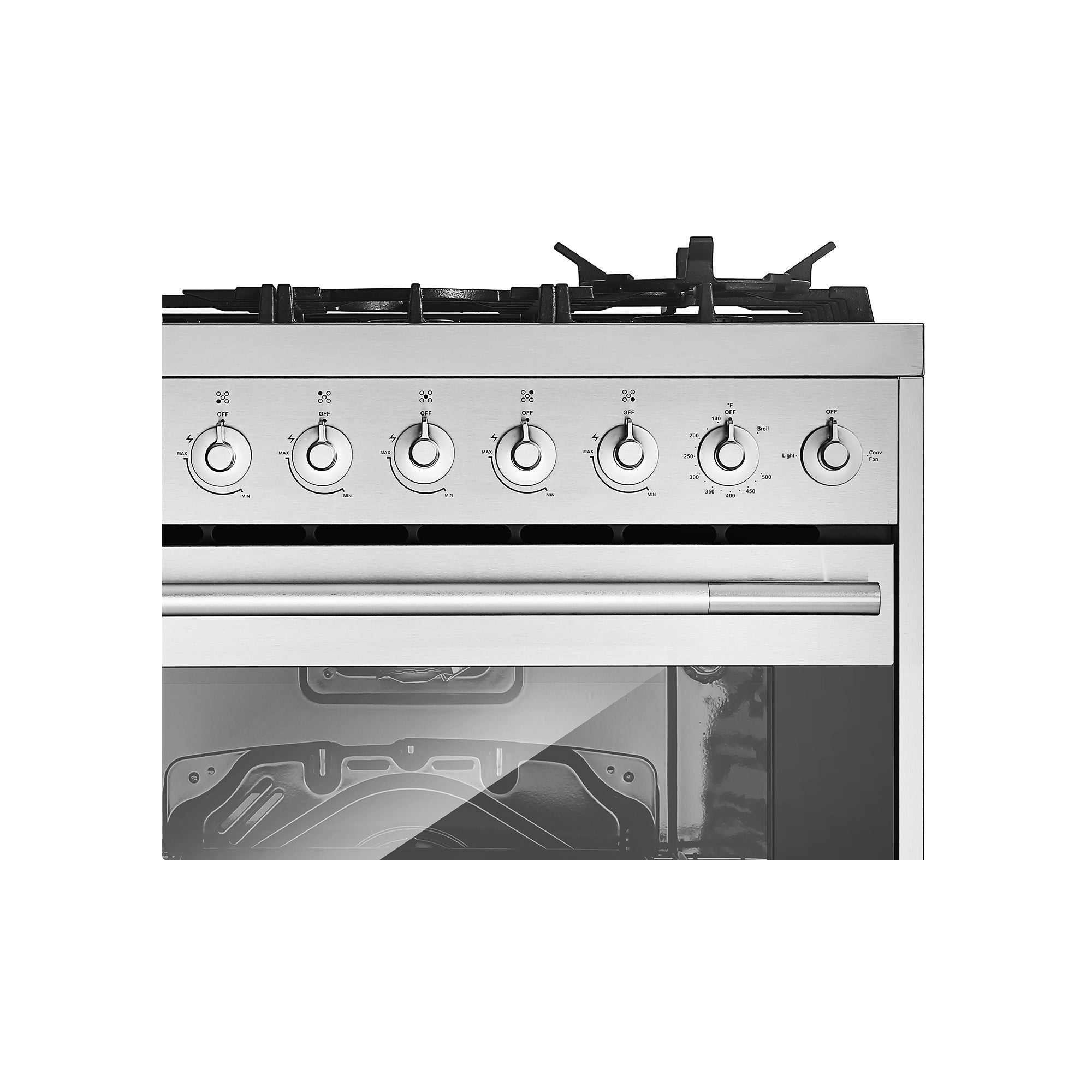 The Empava 30 Inch Freestanding Range Gas Cooktop And Oven features six burner knobs on top, each labeled with temperature settings. Below, a glass-front oven door offers a glimpse of the oven's interior.