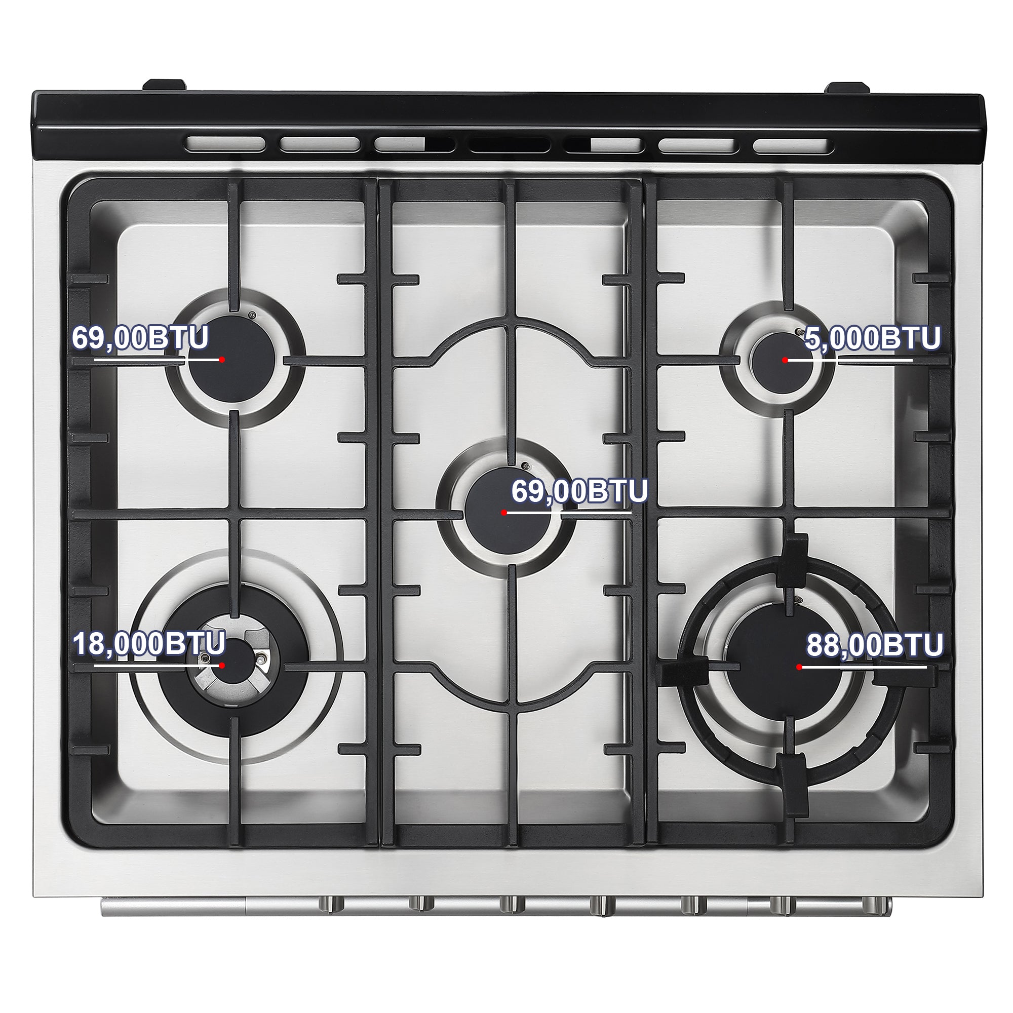 Top view of an Empava 30 Inch Freestanding Range Gas Cooktop and Oven with five burners, each labeled with their BTU output: 69,000 BTU on the upper left and middle right, 18,000 BTU on the lower left, 88,000 BTU on the lower right, and 5,000 BTU on the upper right burner.