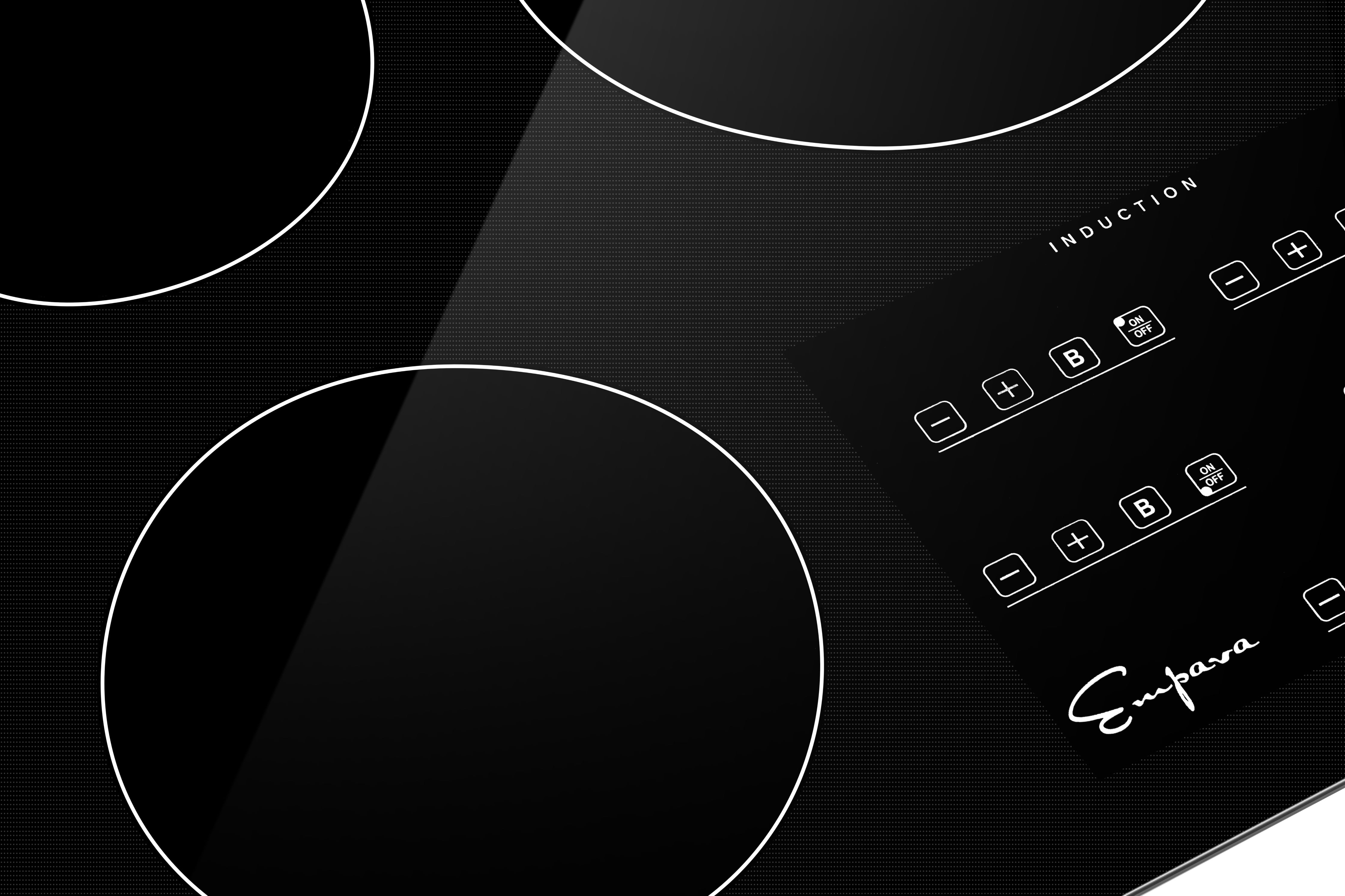 A close-up of the Empava 30 Inch Induction Cooktop reveals a sleek black design with three circular cooking zones and a control panel featuring touch-sensitive buttons for power settings. The glossy and reflective surface showcases the impeccable design of Empava appliances, with the brand name "Empava" clearly visible on the control panel.