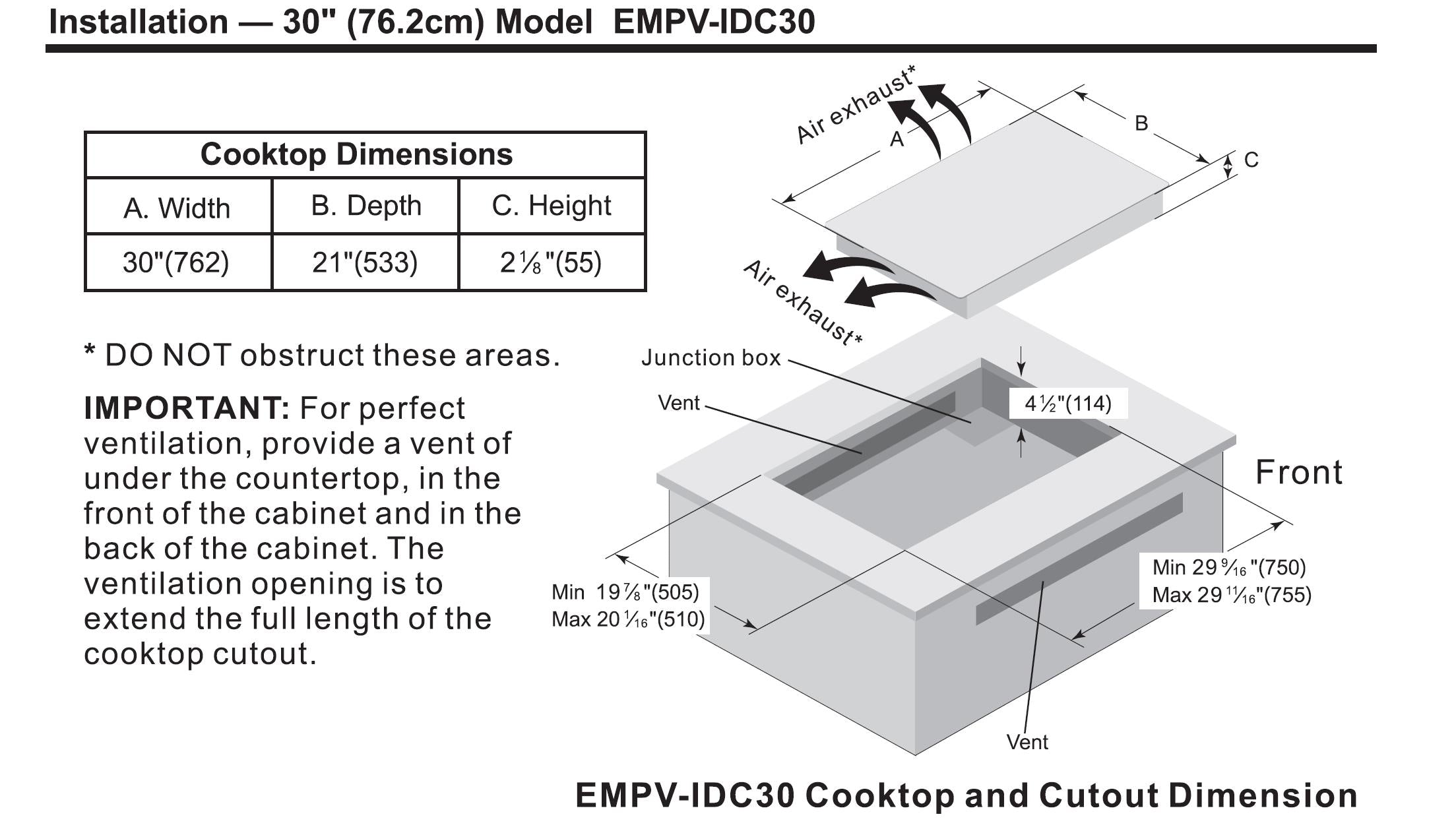 Diagram illustrating the installation instructions for the Empava 30 Inch Induction Cooktop. It includes a cutout layout with specified dimensions: 30 inches (762mm) in width, 21 inches (533mm) in depth, and 2 1/5 inches (55mm) in height. Detailed information on air exhaust and vent locations is also provided to ensure optimal ventilation.