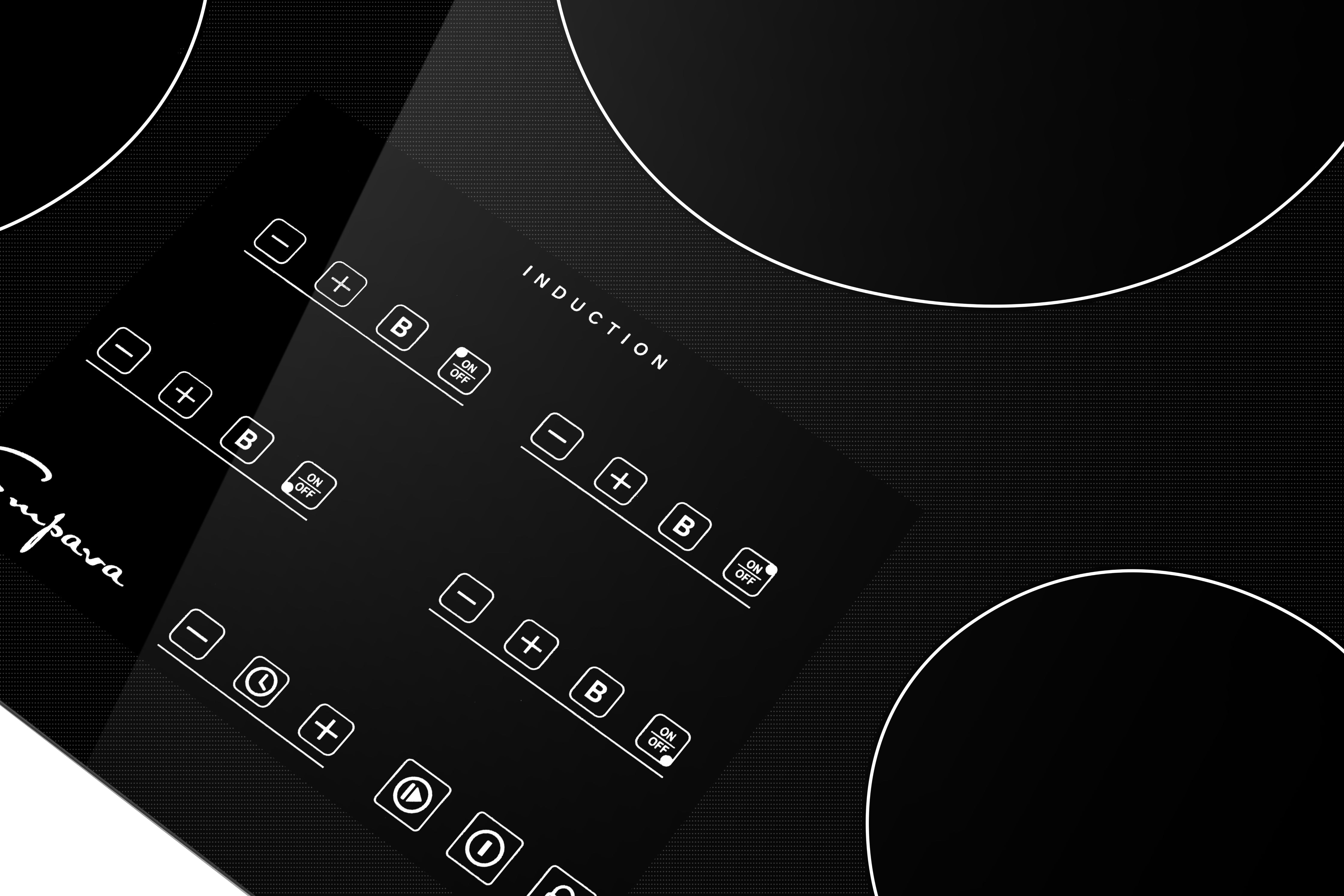 Close-up of the Empava 30 Inch Induction Cooktop, showcasing its sleek black, glossy surface. The centrally located control panel features touch buttons for power adjustments, cooking zones, a timer, and other settings. Two outlined cooking zones are partially visible on the cooktop.