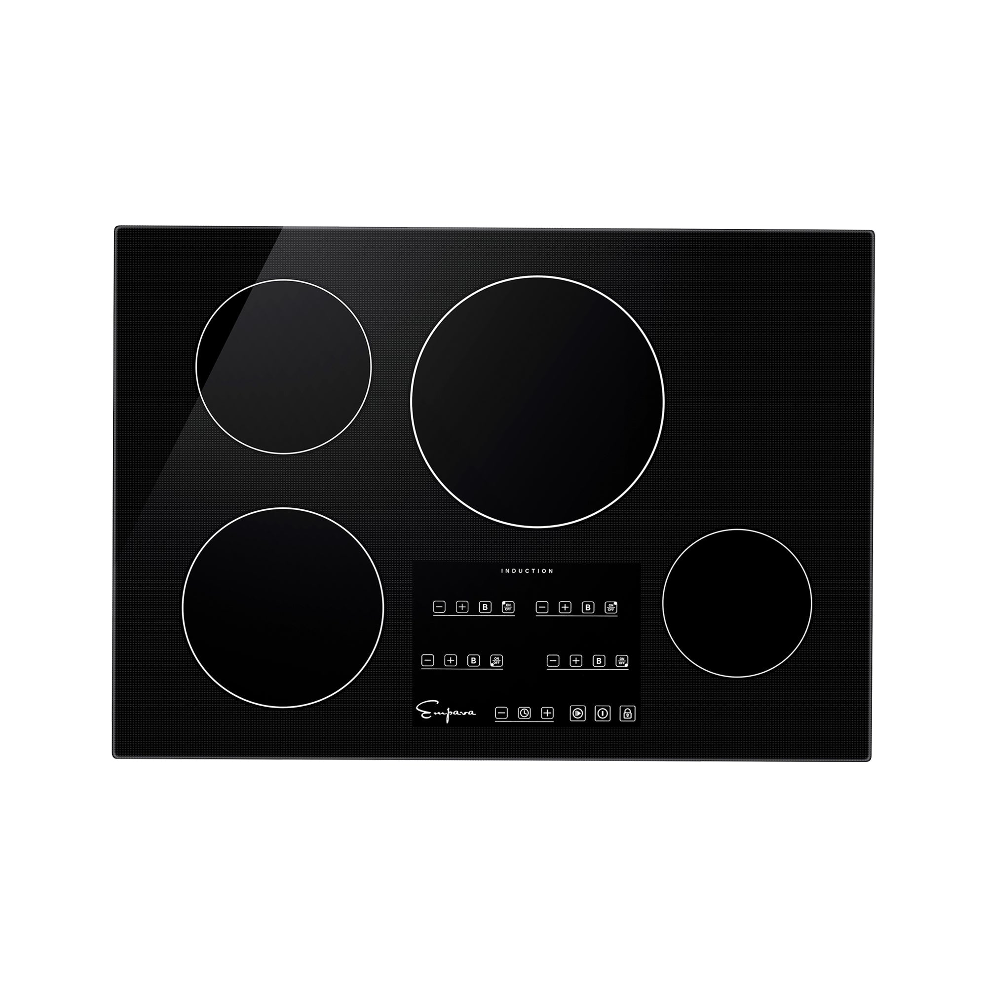 The Empava 30 Inch Induction Cooktop is a sleek and reflective black appliance featuring four cooking zones of various sizes and a built-in control panel at the bottom center, complete with multiple touch-sensitive buttons for temperature and power settings.