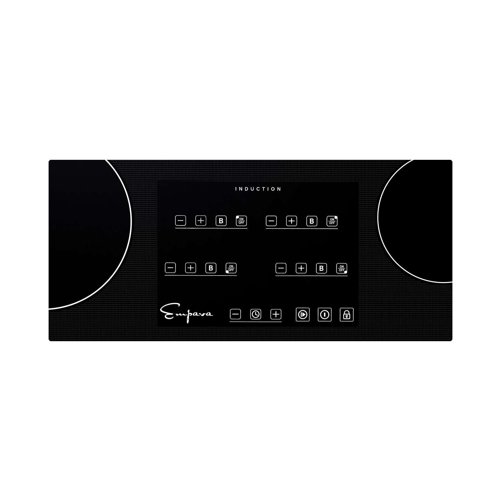 The Empava 30 Inch Induction Cooktop boasts a sleek black design with a central digital touch control panel that includes icons for various cooking functions. Flanked by two cooking zones on either side of the panel, this cooktop prominently features the "Empava" brand name on the bottom left of the control panel, emphasizing the high quality associated with Empava appliances.