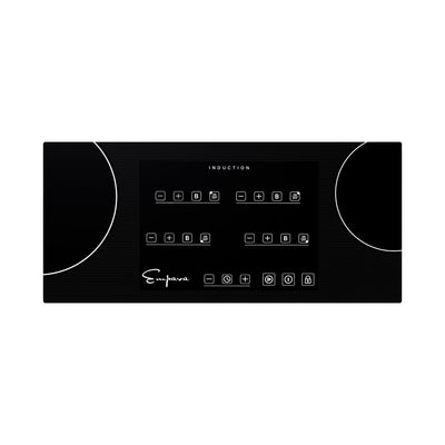 The Empava 30 Inch Induction Cooktop boasts a sleek black design with a central digital touch control panel that includes icons for various cooking functions. Flanked by two cooking zones on either side of the panel, this cooktop prominently features the "Empava" brand name on the bottom left of the control panel, emphasizing the high quality associated with Empava appliances.