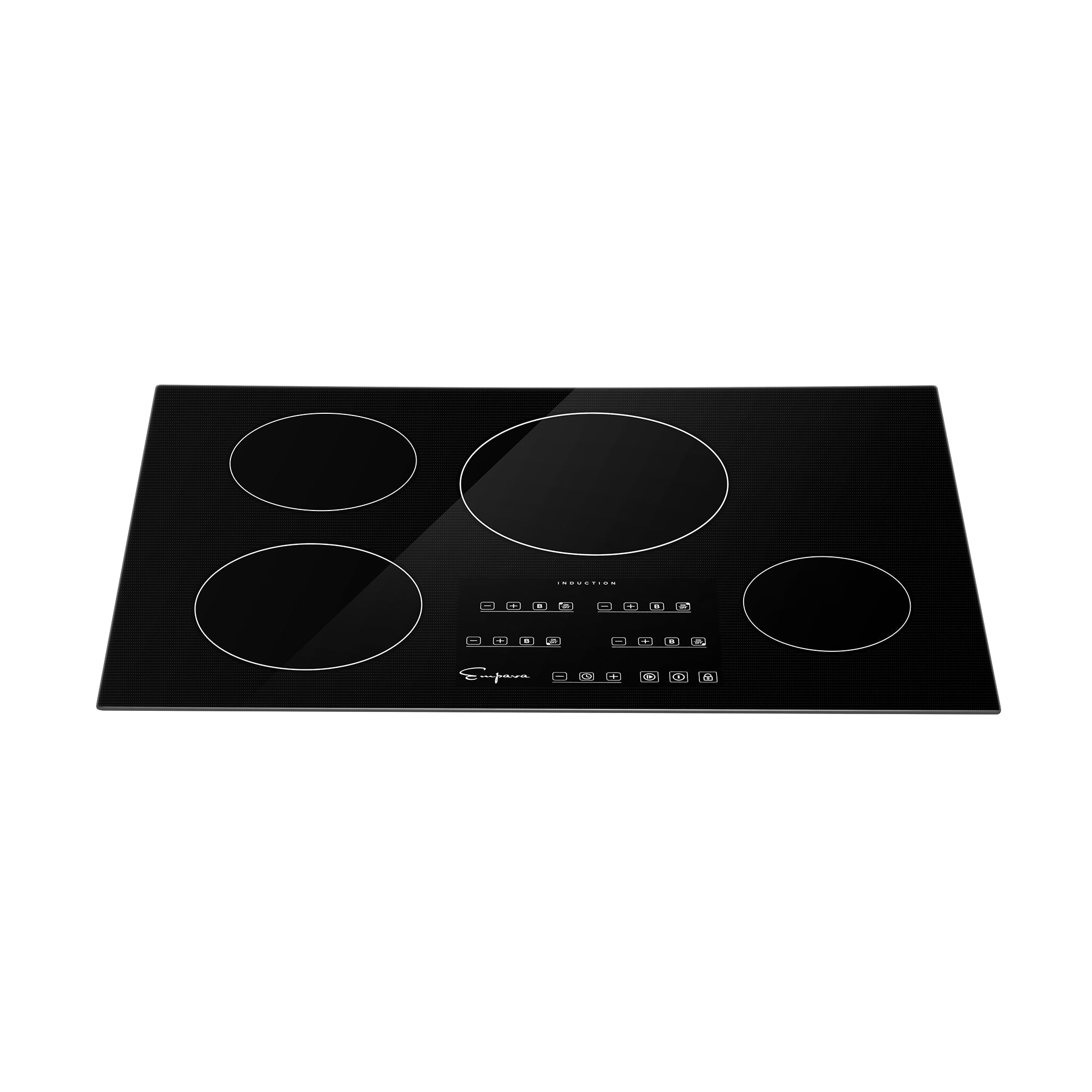 The Empava 30 Inch Induction Cooktop is a sleek black appliance featuring four circular burners of varying sizes. The central control panel with touch buttons, arranged in a rectangular layout beneath the burners, allows for easy adjustment of heat and power. The surface is smooth and reflective.