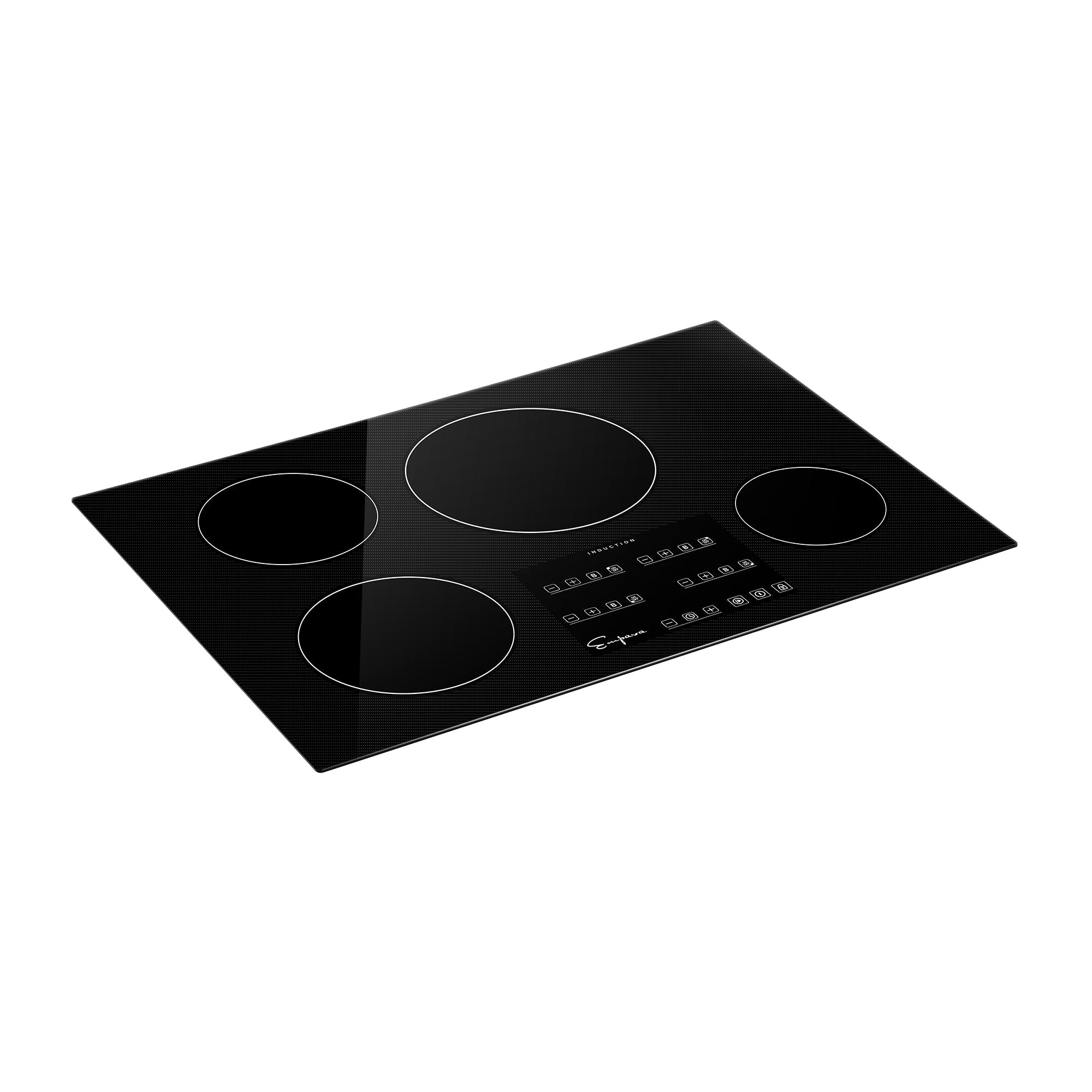 The Empava 30 Inch Induction Cooktop is a black glass-ceramic electric stovetop with four cooking zones of varying sizes and digital touch controls centrally located at the front. Its smooth, modern design features a sleek, reflective surface.