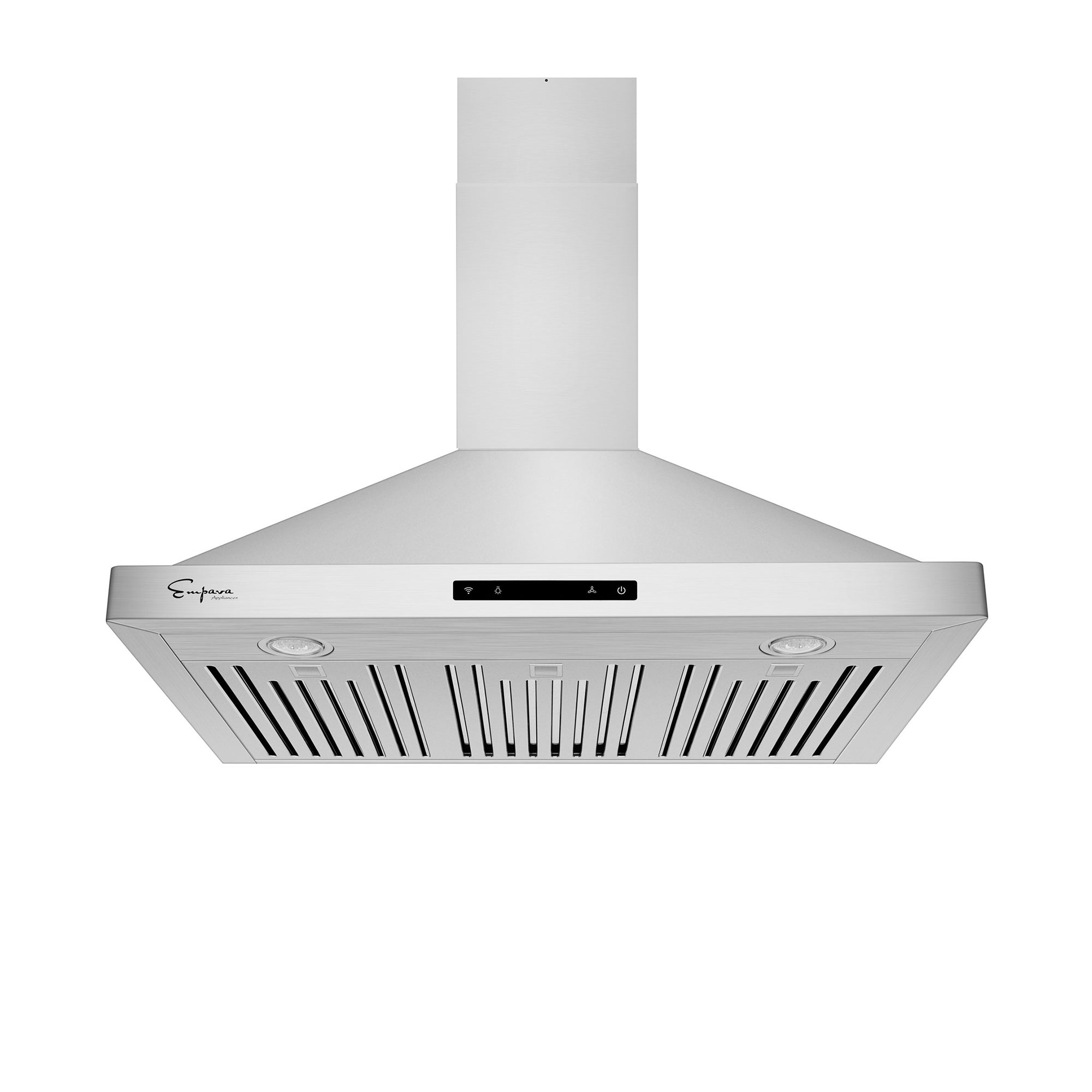 The Empava 30 in. 380 CFM Wall Mount Range Hood is a part of the Empava appliances collection and features a pyramid-shaped design. It includes a front control panel, two circular LED lights on the underside, and a ventilation grill. With its sleek and modern aesthetic, this range hood is perfect for contemporary kitchens.