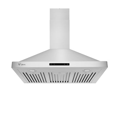 The Empava 30 in. 380 CFM Wall Mount Range Hood is a part of the Empava appliances collection and features a pyramid-shaped design. It includes a front control panel, two circular LED lights on the underside, and a ventilation grill. With its sleek and modern aesthetic, this range hood is perfect for contemporary kitchens.