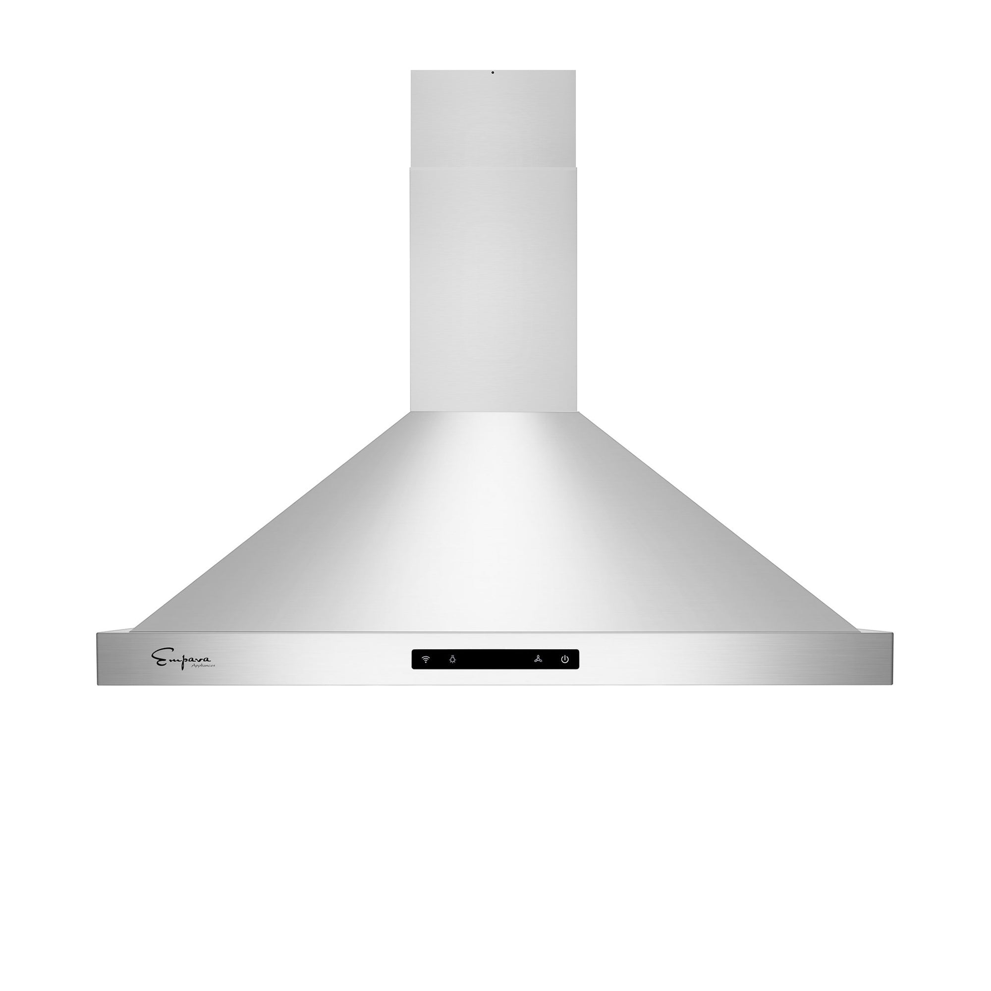 The Empava 30 in. 380 CFM Wall Mount Range Hood is a sleek stainless steel kitchen appliance with a wide, tapered design. It features a digital control panel at the front center and a vertical vent extending from the top. The brand logo is visible on the left side of the hood's lower edge.