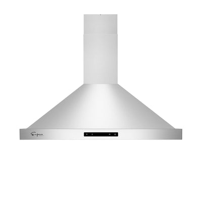 The Empava 30 in. 380 CFM Wall Mount Range Hood is a sleek stainless steel kitchen appliance with a wide, tapered design. It features a digital control panel at the front center and a vertical vent extending from the top. The brand logo is visible on the left side of the hood's lower edge.