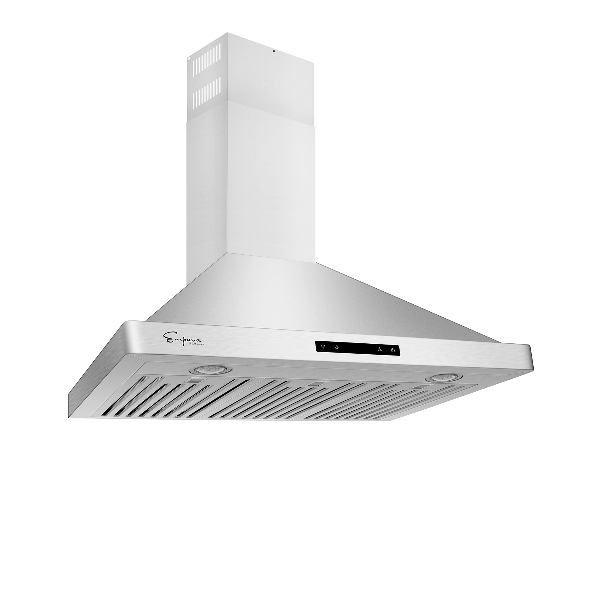 The Empava 30 in. 380 CFM Wall Mount Range Hood is a modern stainless steel appliance featuring a sleek design. It includes an upward-extending chimney, touch controls, and built-in lights on the underside. The unit also comes equipped with vent grilles for air filtration and exhaust.