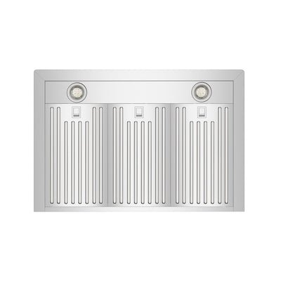 The Empava 30 in. 380 CFM Wall Mount Range Hood, crafted from stainless steel, boasts two circular lights at the top corners and vertical vent slats. Its sleek and modern design, characterized by clean lines, makes it a perfect fit for a contemporary kitchen setting.