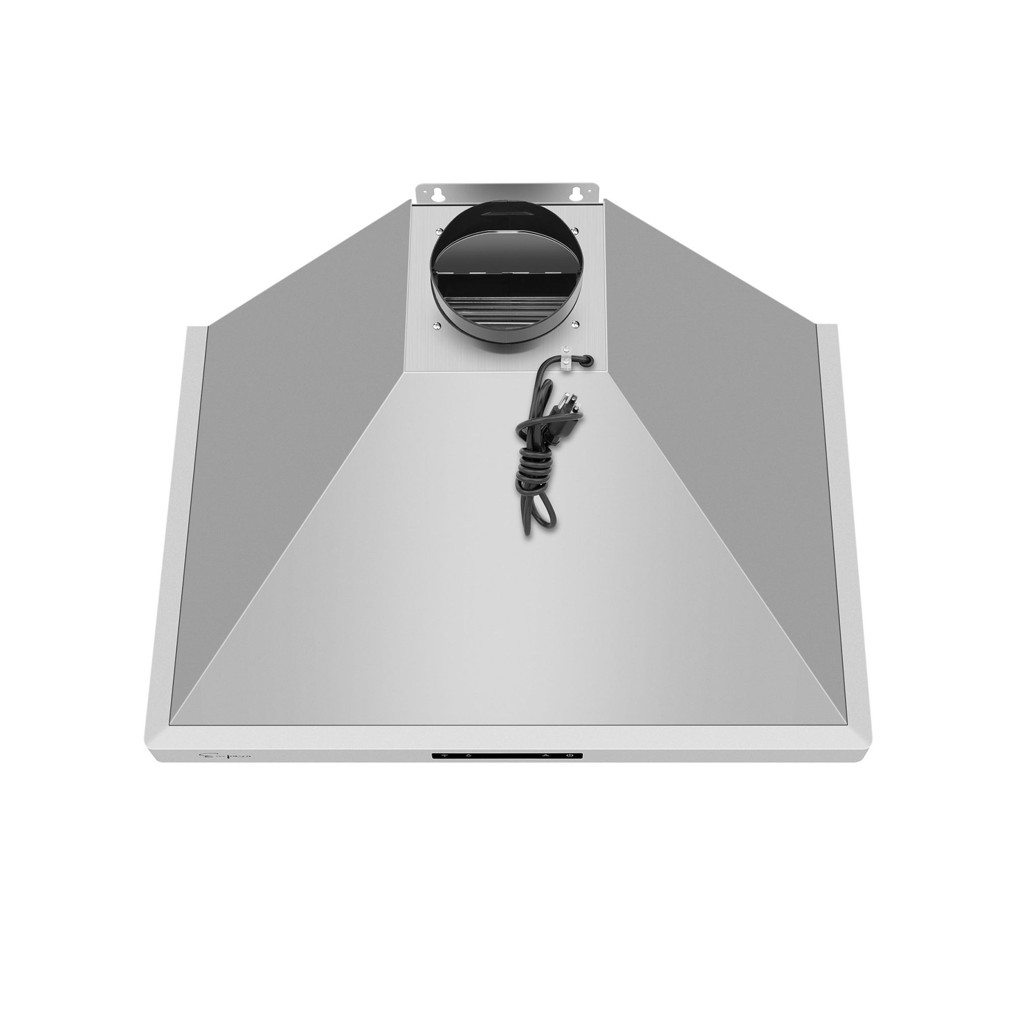 The Empava 30 in. 380 CFM Wall Mount Range Hood is a stainless steel, pyramid-shaped appliance featuring a top vent opening with a round black duct connector. A coiled and tied black power cord hangs near the vent, making it ideal for kitchen ventilation.