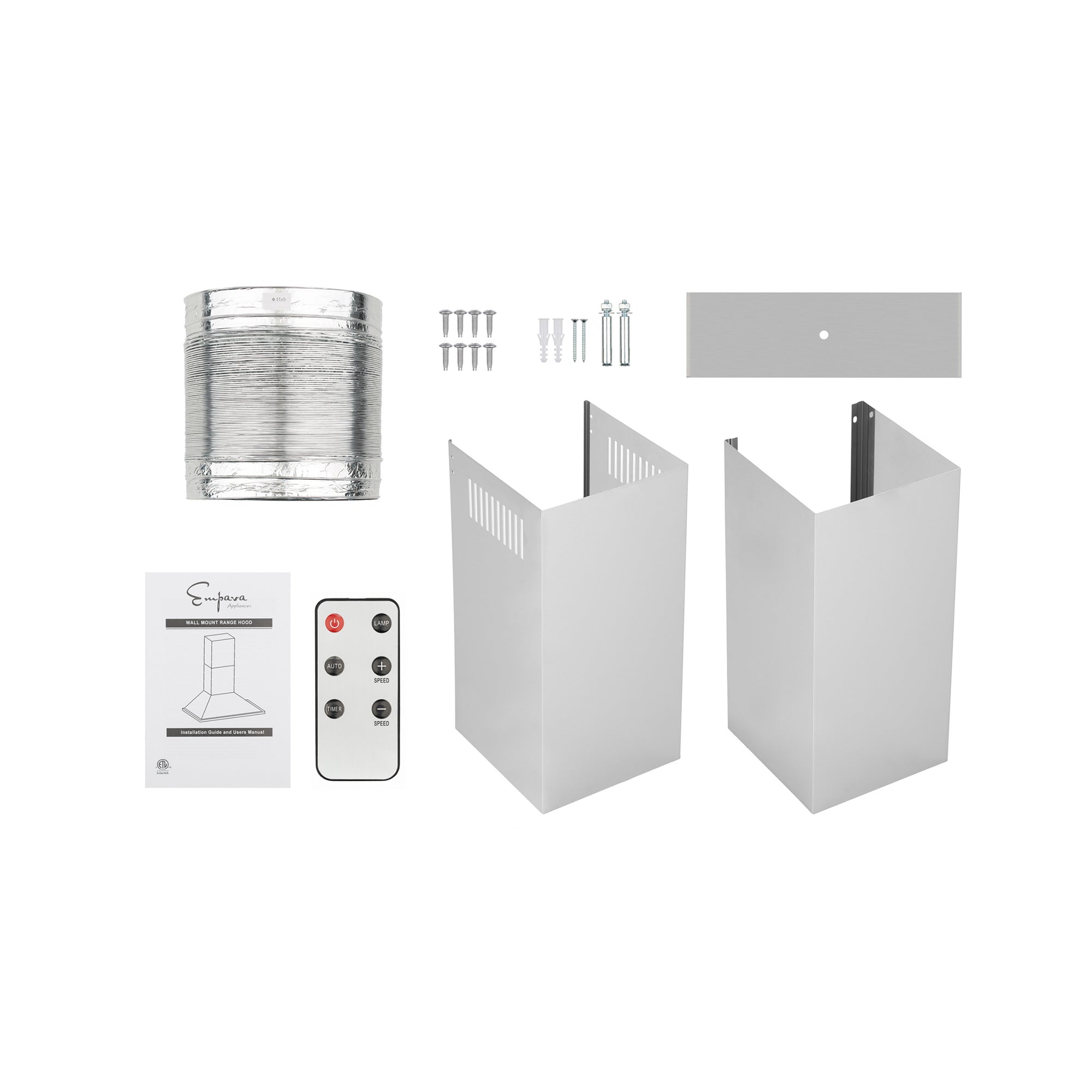 Components of the Empava 30 in. 380 CFM Wall Mount Range Hood seen from above include a silver duct, screws, two metal panels, a rectangular mounting plate, a white remote control, and an instruction manual. The items are arranged neatly on a white background.