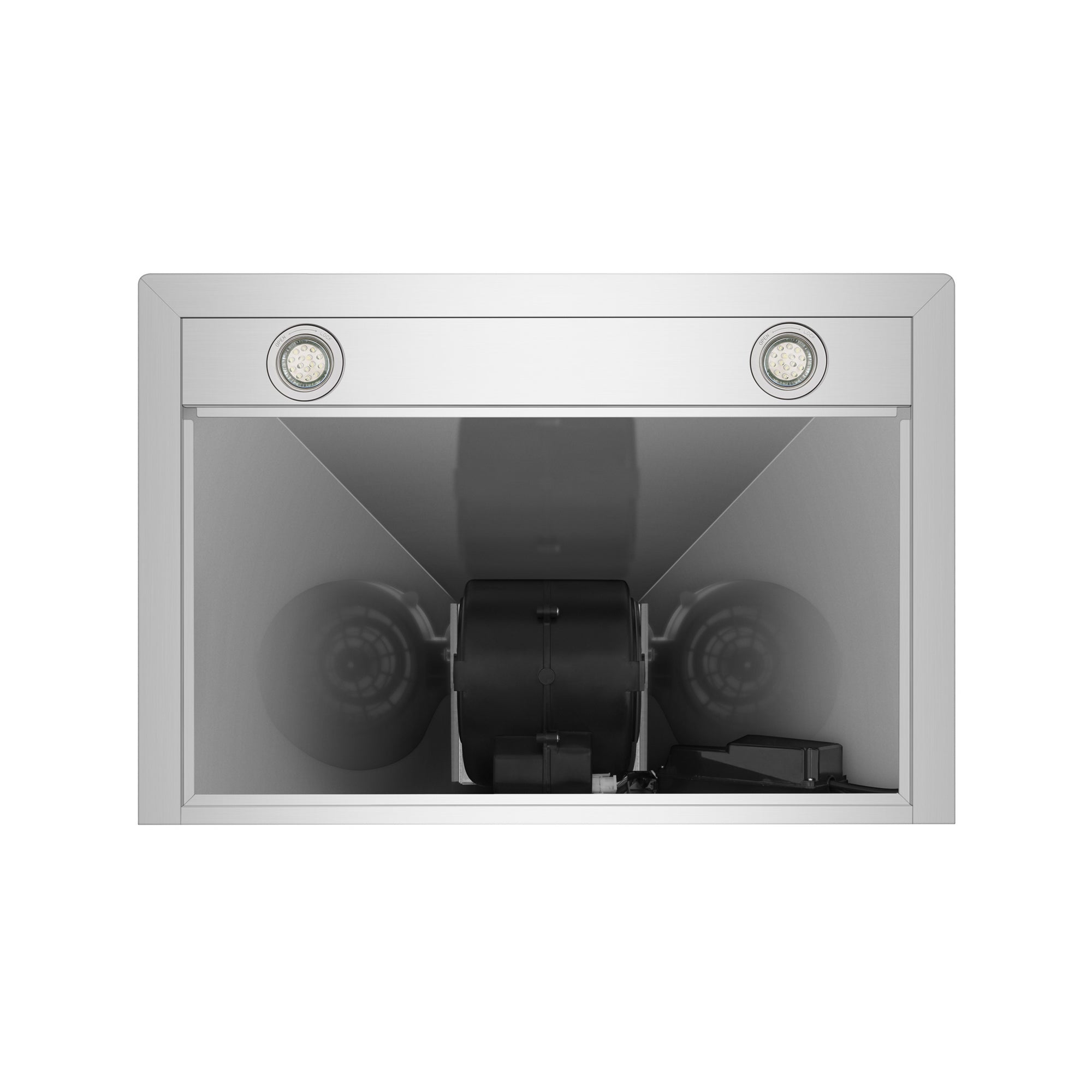 The Empava 30 in. 380 CFM Wall Mount Range Hood, with its modern and minimalist design, is viewed from below. The silver rectangular kitchen range hood features two circular lights on its front edge. Inside the hood, a central black exhaust fan is visible along with an internal mechanism and wiring.