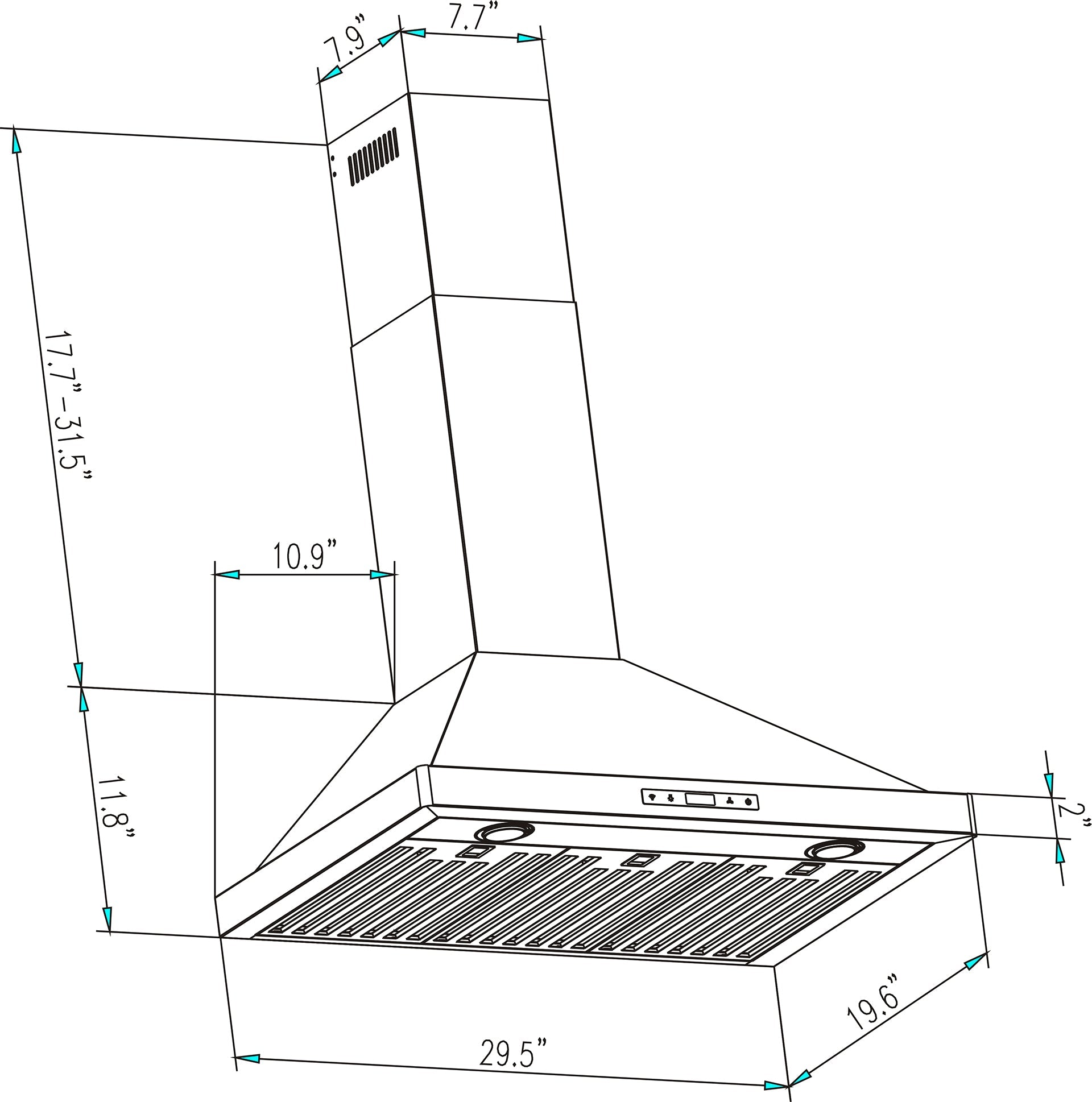 Line drawing of the Empava 30 in. 380 CFM Wall Mount Range Hood with dimensions indicated. The height ranges from 17.7 to 31.5 inches, the top width is 7.9 inches, the middle segment is 7.7 inches wide, and the base is 10.9 inches wide. The main body measures 29.5 inches wide and 19.6 inches deep.
