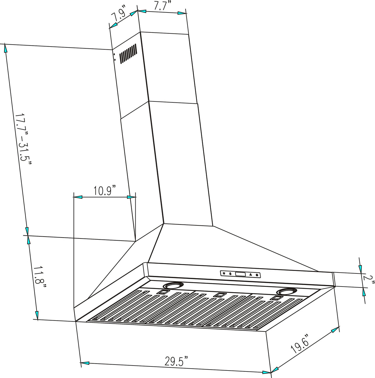 Line drawing of the Empava 30 in. 380 CFM Wall Mount Range Hood with dimensions indicated. The height ranges from 17.7 to 31.5 inches, the top width is 7.9 inches, the middle segment is 7.7 inches wide, and the base is 10.9 inches wide. The main body measures 29.5 inches wide and 19.6 inches deep.
