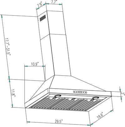 Line drawing of the Empava 30 in. 380 CFM Wall Mount Range Hood with dimensions indicated. The height ranges from 17.7 to 31.5 inches, the top width is 7.9 inches, the middle segment is 7.7 inches wide, and the base is 10.9 inches wide. The main body measures 29.5 inches wide and 19.6 inches deep.
