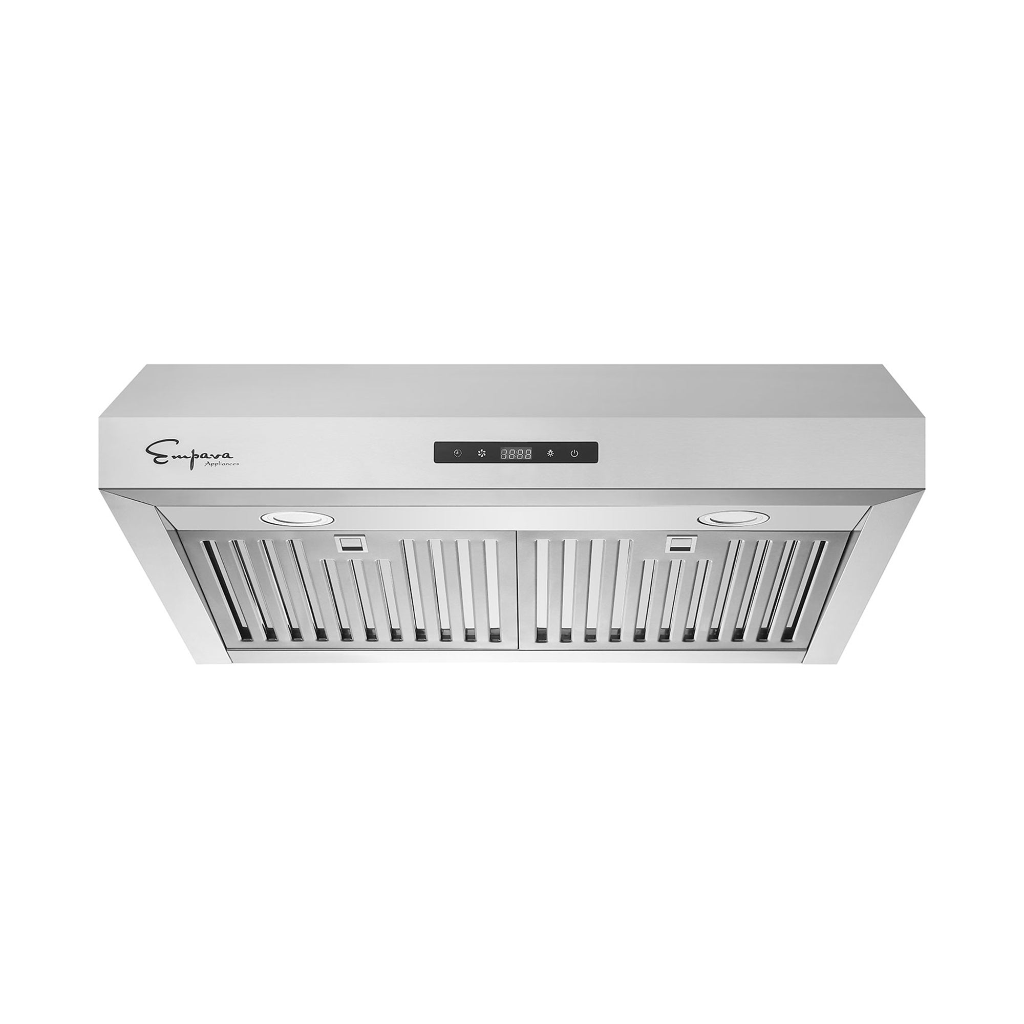 The Empava 30 in. 400 CFM Ducted Under Cabinet Range Hood boasts a sleek design, featuring two vent grates and a central control panel with a digital display. The brand name "Empava" is prominently displayed on the left side of the unit, highlighting the quality of Empava appliances.