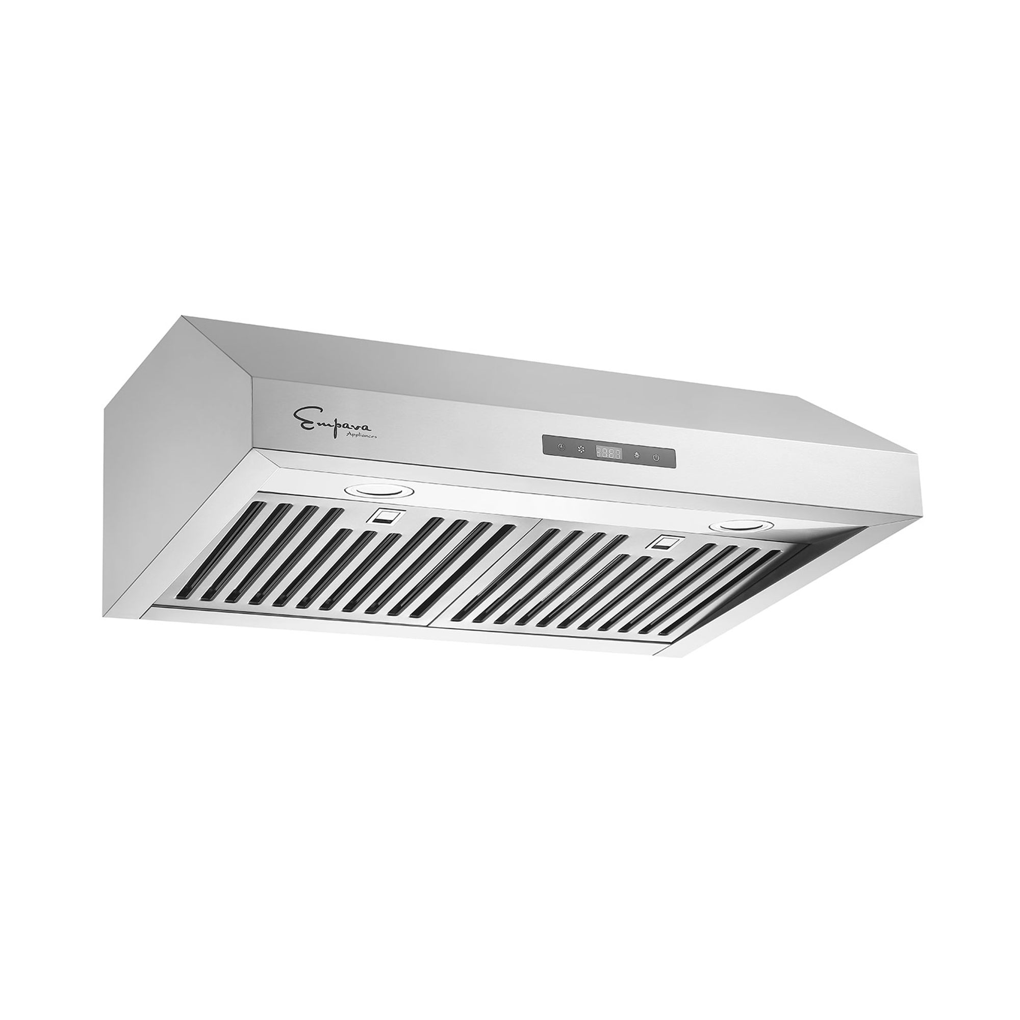 The Empava 30 in. 400 CFM Ducted Under Cabinet Range Hood showcases a sleek, modern design with a stainless steel finish. Its front panel is equipped with a digital display and touch control pad for easy operation. Beneath the hood, two ventilation grilles and built-in lights ensure effective cooking illumination and efficient smoke extraction, epitomizing the quality of Empava appliances.