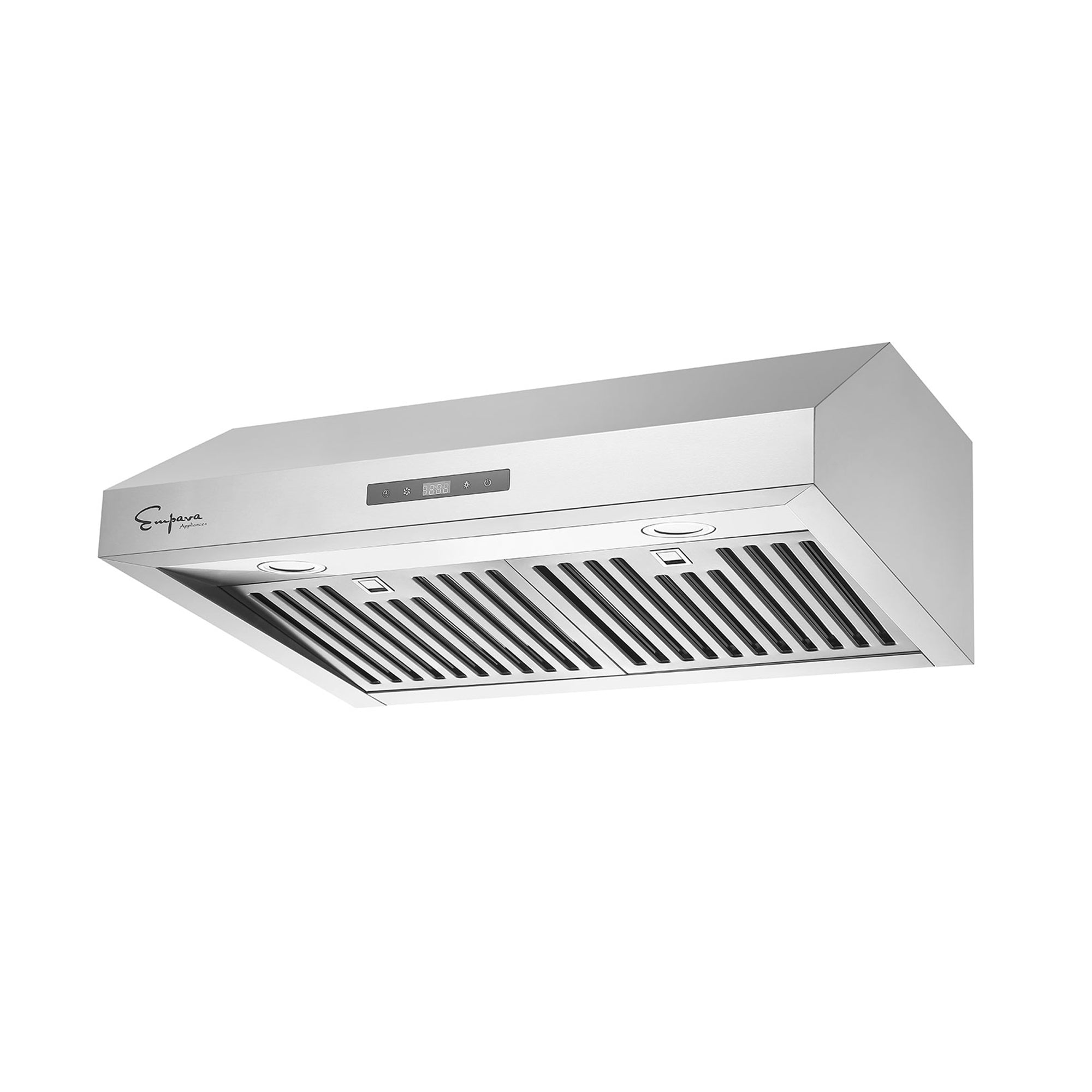 The Empava 30 in. 400 CFM Ducted Under Cabinet Range Hood from Empava Appliances exudes sleek design, featuring center control buttons and a digital display. Its underside includes two large vented filter panels for effective airflow, complemented by built-in lights.