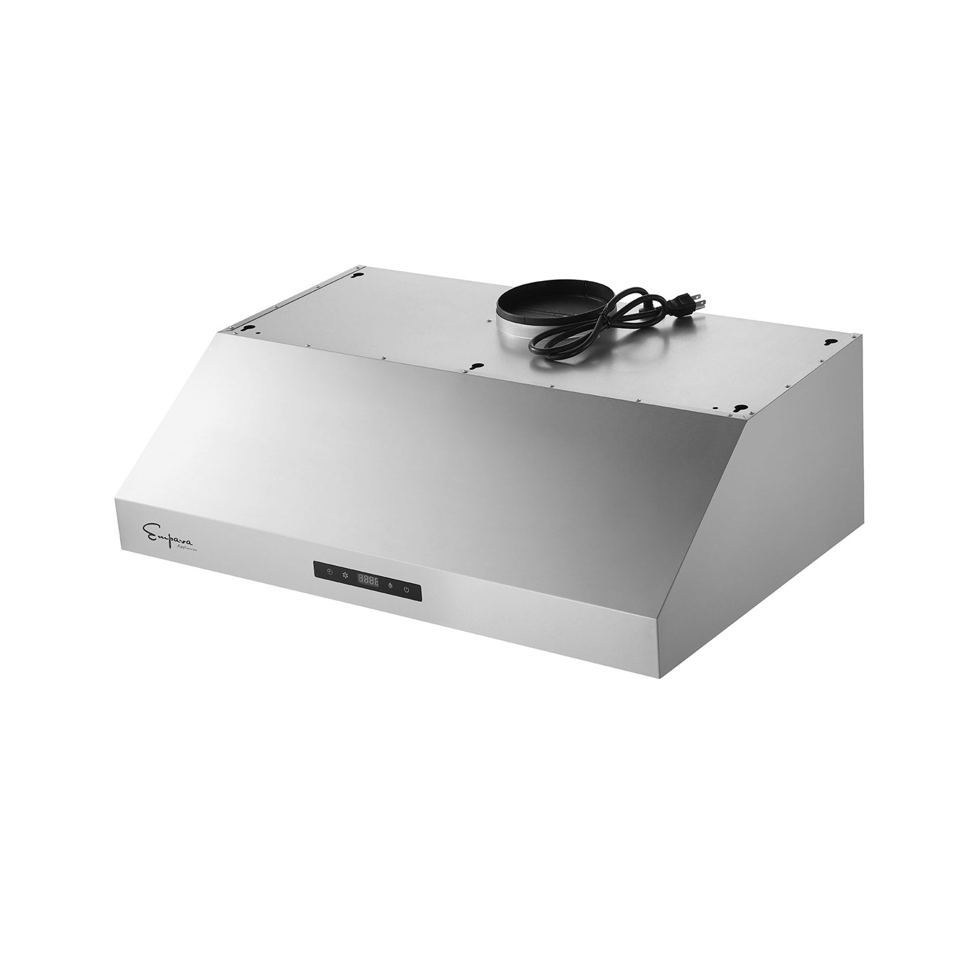 The Empava 30 in. 400 CFM Ducted Under Cabinet Range Hood is displayed, featuring a modern stainless steel design with a rectangular shape. It includes a convenient control panel on the front and a power cord on top. The "Empava" logo is prominently visible on the left side, highlighting the quality of Empava appliances.