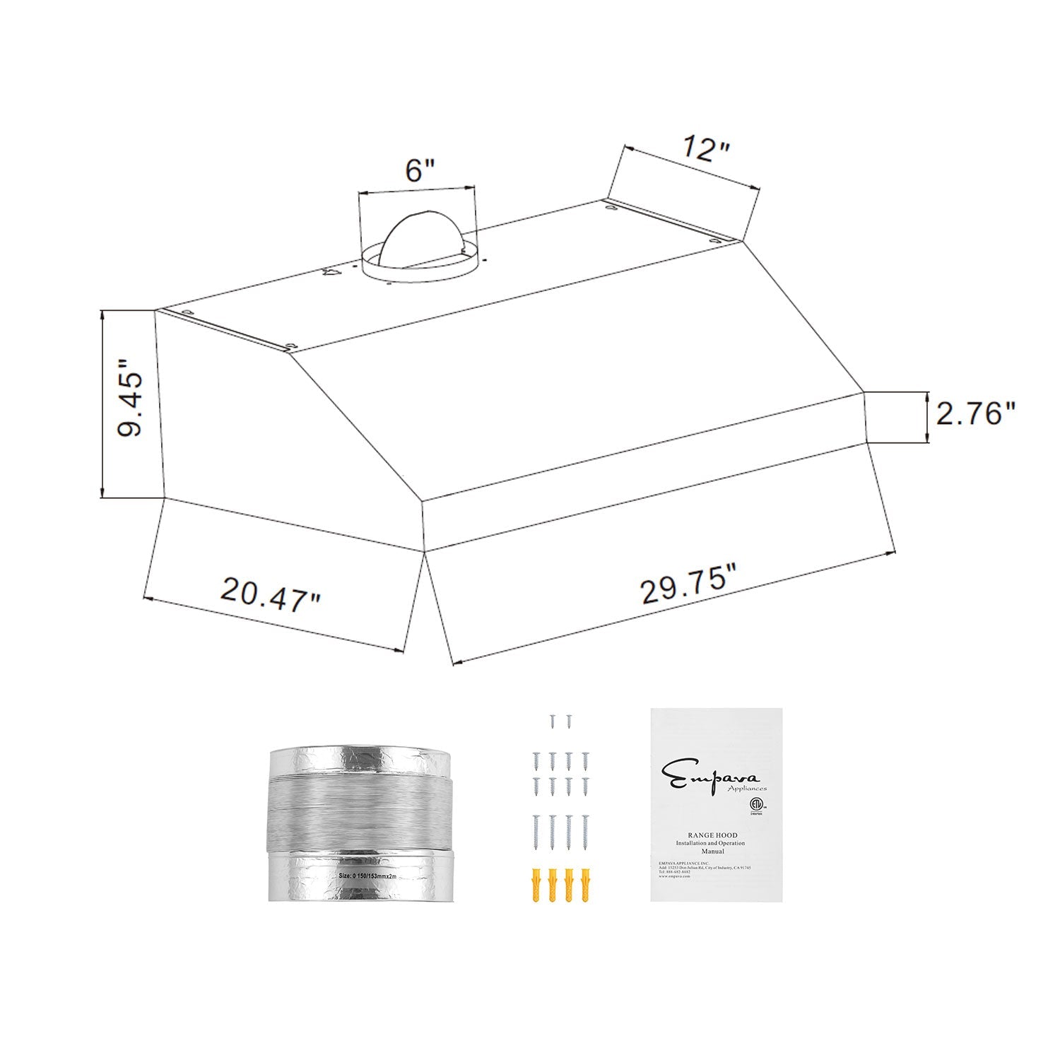 Illustration of an Empava 30 in. 400 CFM Ducted Under Cabinet Range Hood with dimensions labeled: 29.75" wide, 20.47" deep, 9.45" high, and a 6" diameter duct. Below the illustration are a metal duct, screws, wall plugs, and an instruction manual labeled with the brand name Empava.