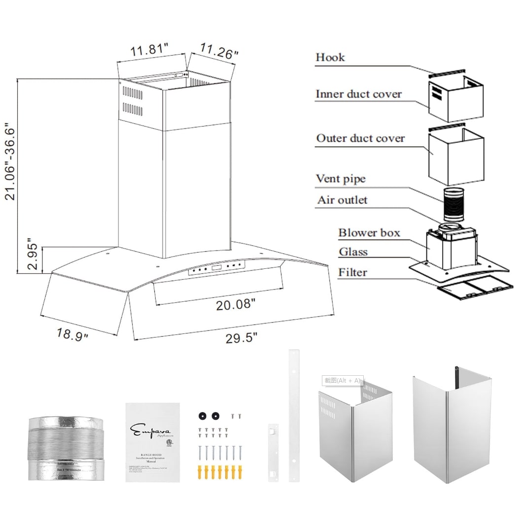 Diagram of the Empava 30 in. 400 CFM Wall Mount Ducted Range Hood showing dimensions and labeled parts, including the inner duct cover, outer duct cover, vent pipe, air outlet, blower box, glass, and filter. Below are the included installation components: vent pipe, screws, brackets, and a manual.