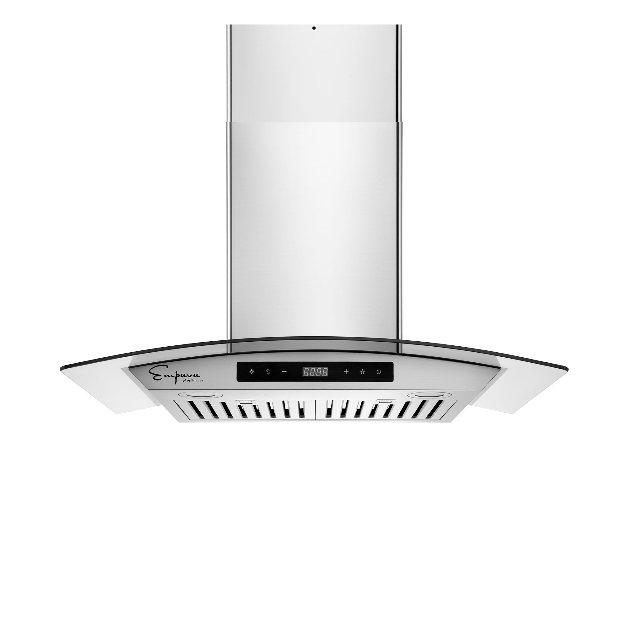 The Empava 30 in. 400 CFM Wall Mount Ducted Range Hood is a modern stainless steel kitchen hood featuring a digital control panel and LED display. Its curved glass canopy adds a sleek touch to the design, while the underside is equipped with dual LED lights and multiple metal filters for effective ventilation.