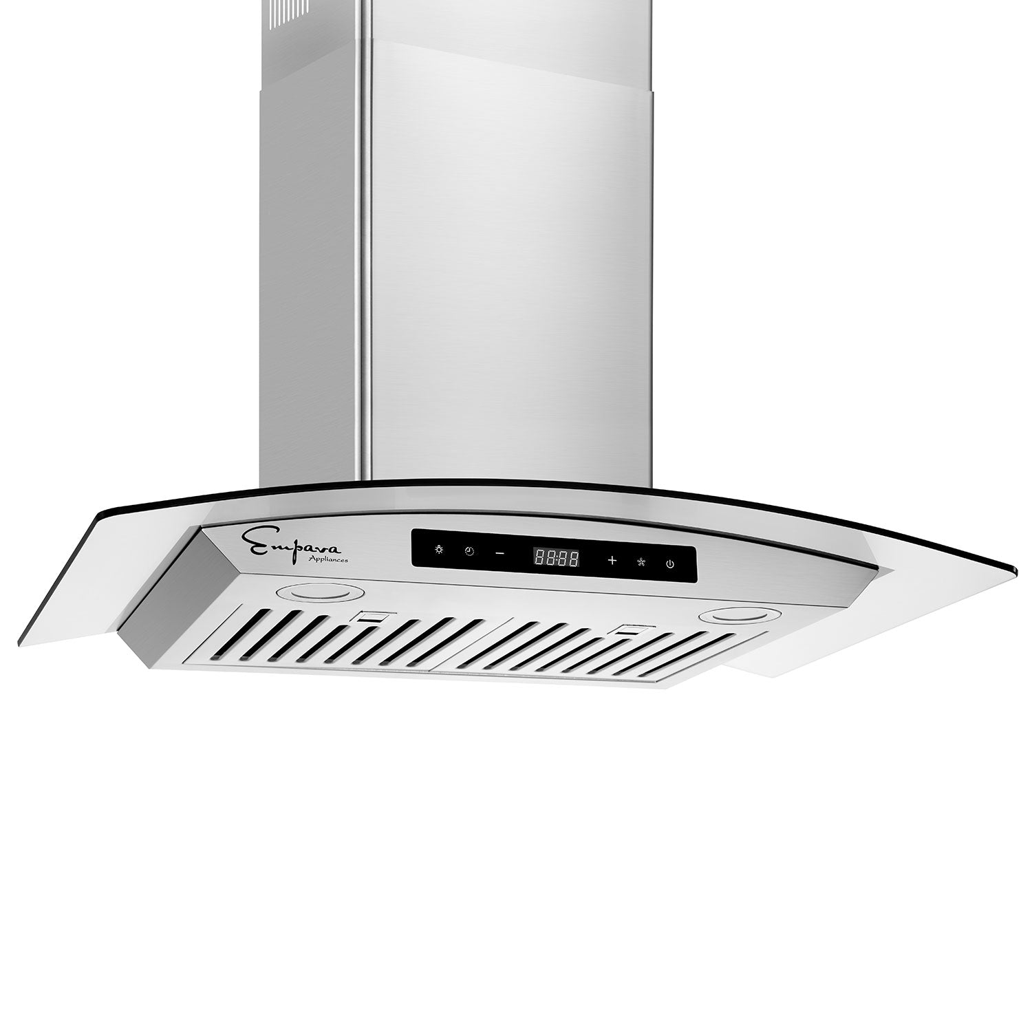 The Empava 30 in. 400 CFM Wall Mount Ducted Range Hood is a sleek, modern appliance made of stainless steel with a curved glass canopy. It features a digital display, control buttons, and vent grilles below, with the brand name "Empava" prominently displayed on the left side of the hood, ensuring top-notch quality associated with Empava appliances.