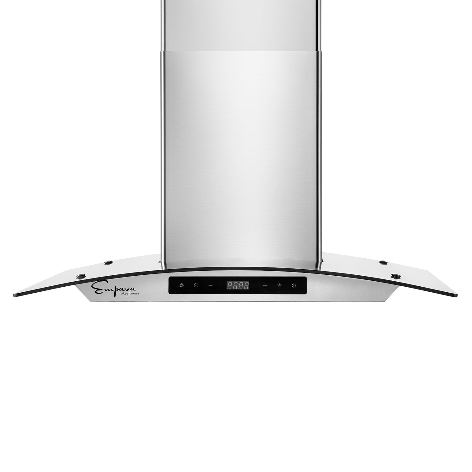 The Empava 30 in. 400 CFM Wall Mount Ducted Range Hood from Empava appliances features a digital display and touch controls. The curved glass canopy extends from the top and includes the brand logo on the left side of the control panel. Its sleek design is modern and minimalist.