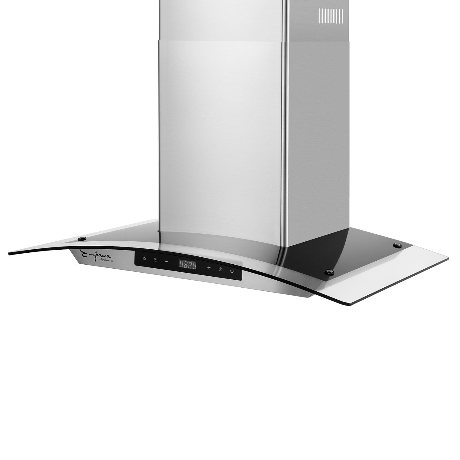 Introducing the Empava 30 in. 400 CFM Wall Mount Ducted Range Hood, a sleek and modern stainless steel appliance with a stylish curved glass canopy. It features a digital display and touch controls on the front panel, making it an ideal exhaust fan for installation above your stove or cooktop.