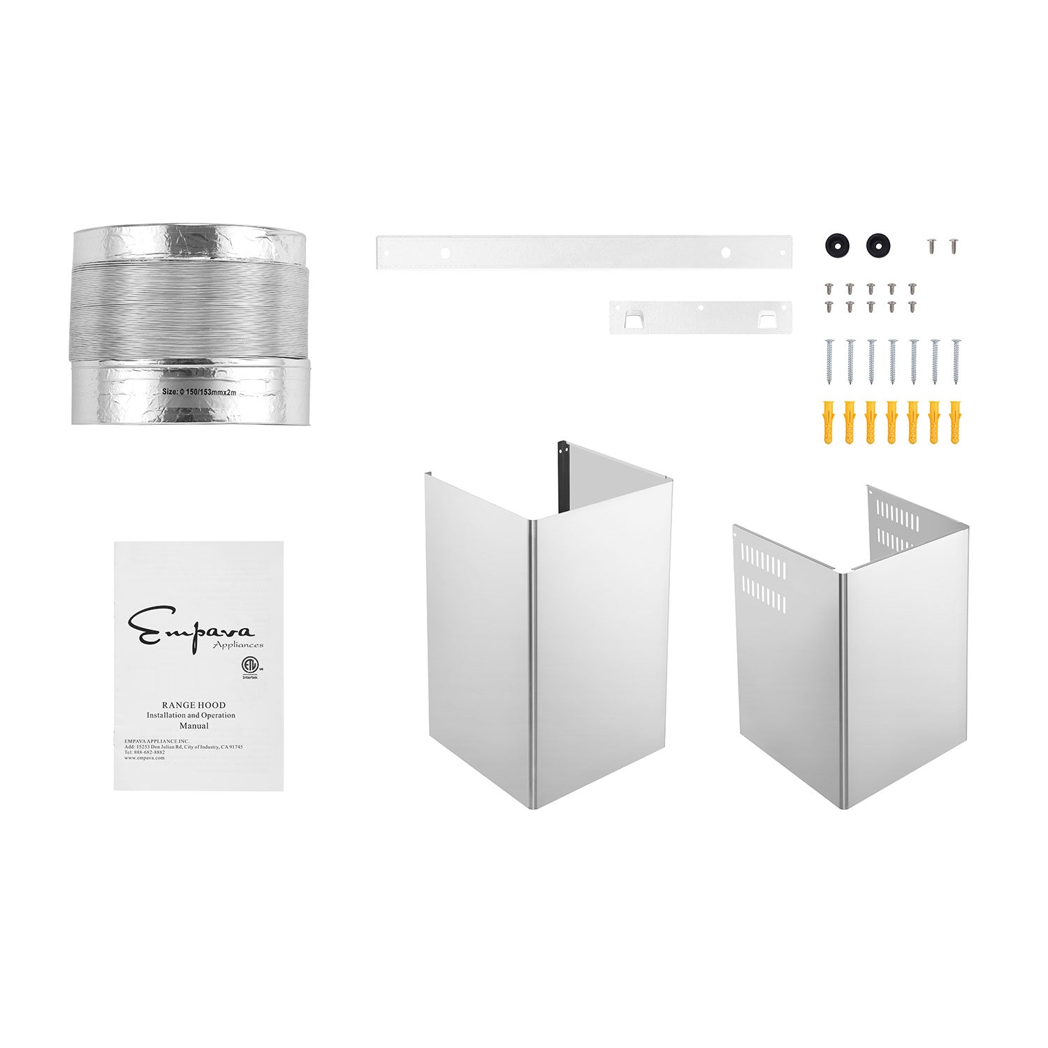 Image showing components of the Empava 30 in. 400 CFM Wall Mount Ducted Range Hood installation kit, including a flexible duct, a white metal bracket, screws, plastic wall anchors, two stainless steel chimney covers, two black rubber spacers, and an instruction manual.