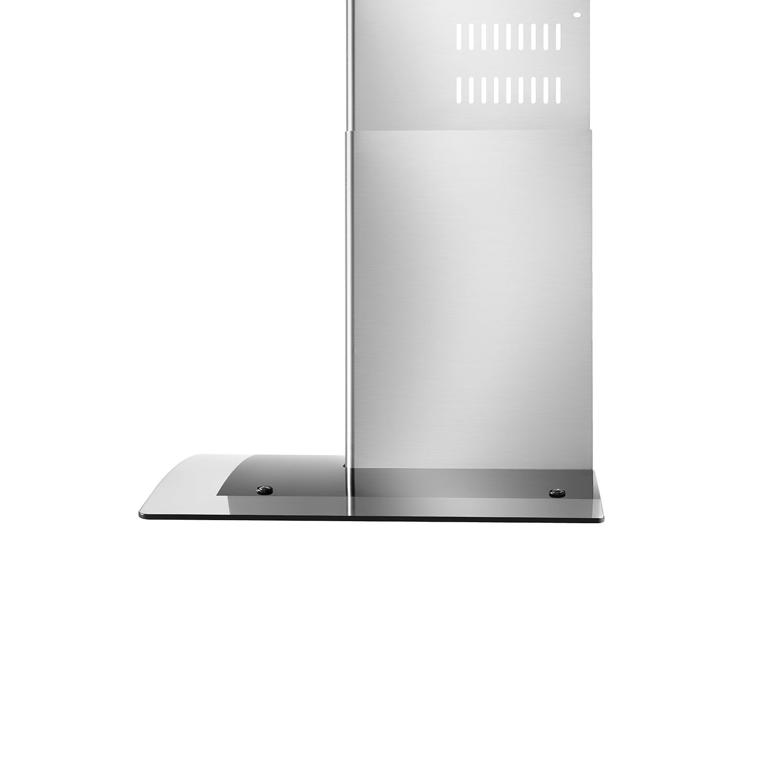 The Empava 30 in. 400 CFM Wall Mount Ducted Range Hood is a sleek, stainless steel appliance featuring a vertical rectangular design with a glass shelf at the base. Small ventilation slits near the top of its surface give it a modern and minimalist appearance.