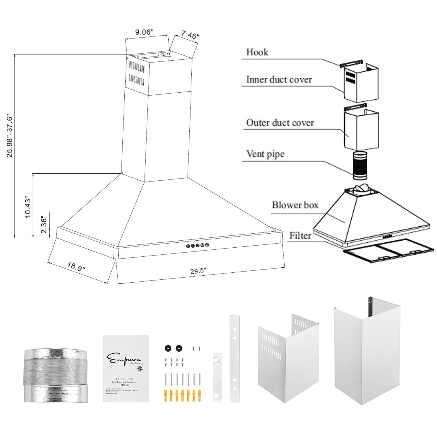 A technical illustration of the Empava 30 in. 400 CFM Wall Mount Range Hood. The image includes dimensions (25.59"-37.56", 9.06", 7.46", 10.2", 18.9") and components labeled such as hook, duct covers, vent pipe, blower box, and filter, along with additional images of ducting, screws, brackets, and the installation manual.