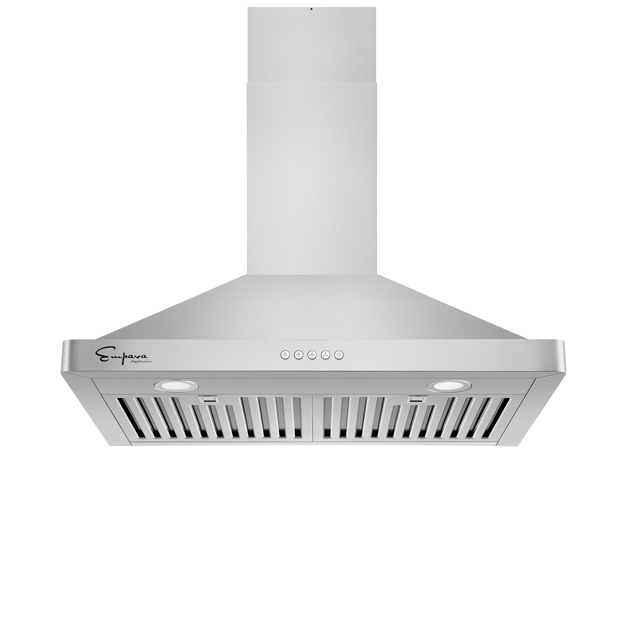 The Empava 30 in. 400 CFM Wall Mount Range Hood is a modern stainless steel appliance featuring a sleek chimney-style duct, three control buttons, and integrated lights. The Empava appliances logo is prominently displayed on the left side, and the hood boasts horizontal slats for optimal ventilation.