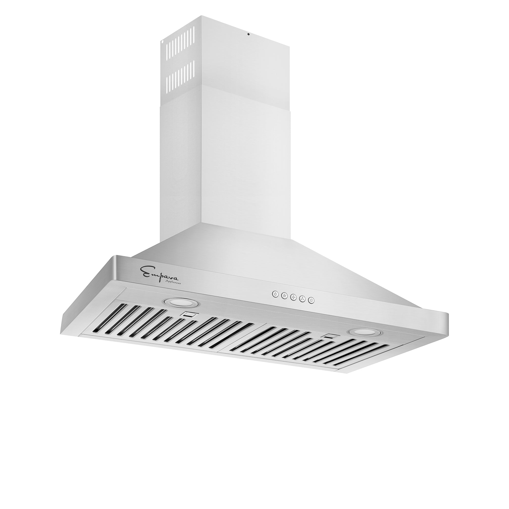 Introducing the Empava 30 in. 400 CFM Wall Mount Range Hood from Empava Appliances, boasting a sleek design with a wide top area featuring a chimney that extends upward. It includes a vented bottom equipped with control buttons and built-in lights, with the brand logo prominently displayed on the front. Crafted from stainless steel for both durability and style, this range hood is perfect for your modern kitchen.