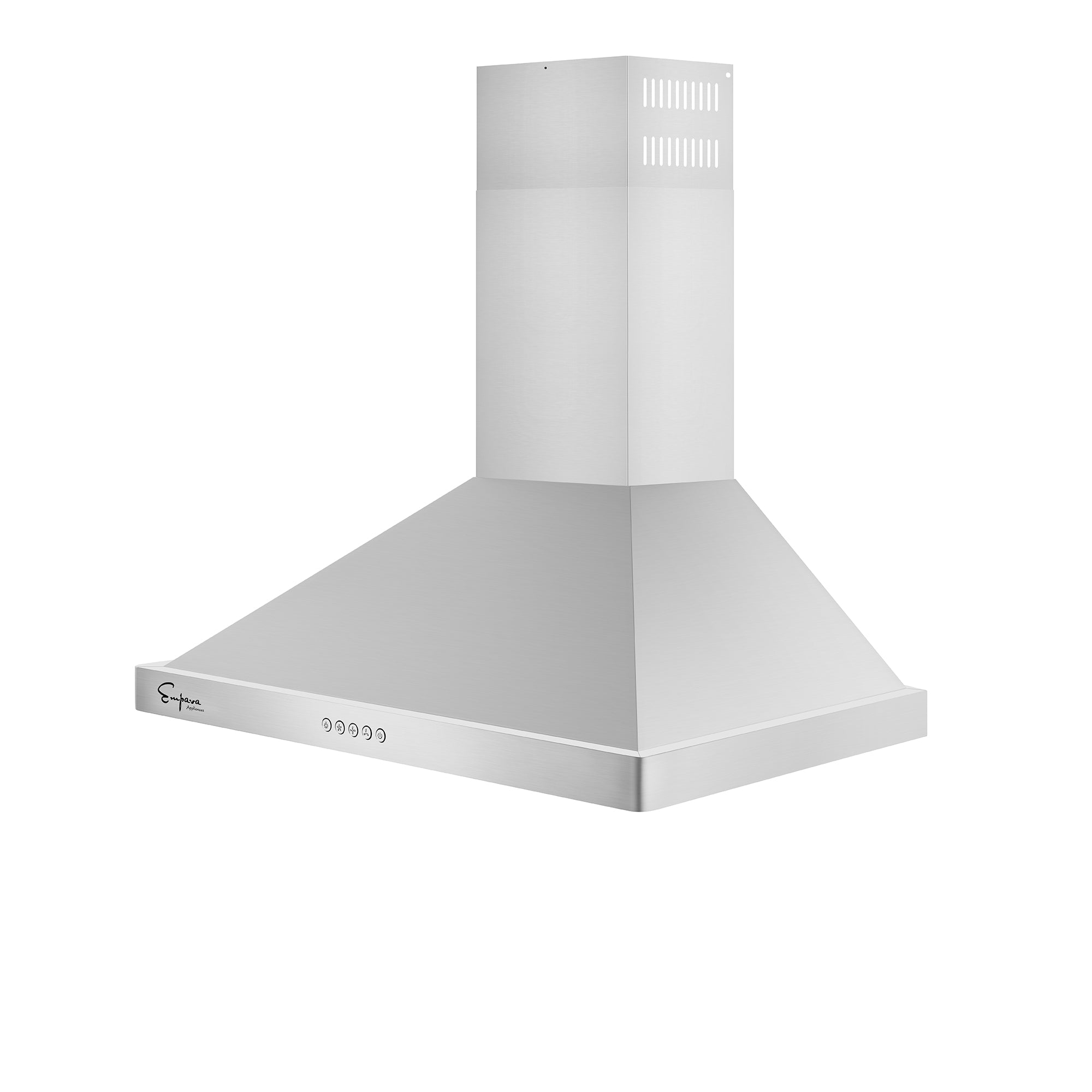 The Empava 30 in. 400 CFM Wall Mount Range Hood is a sleek, chimney-style appliance made from stainless steel. It boasts a modern, angular design and has five control buttons on the front. The brand logo is prominently displayed on the left side of the hood, which includes filtered vents at the top.