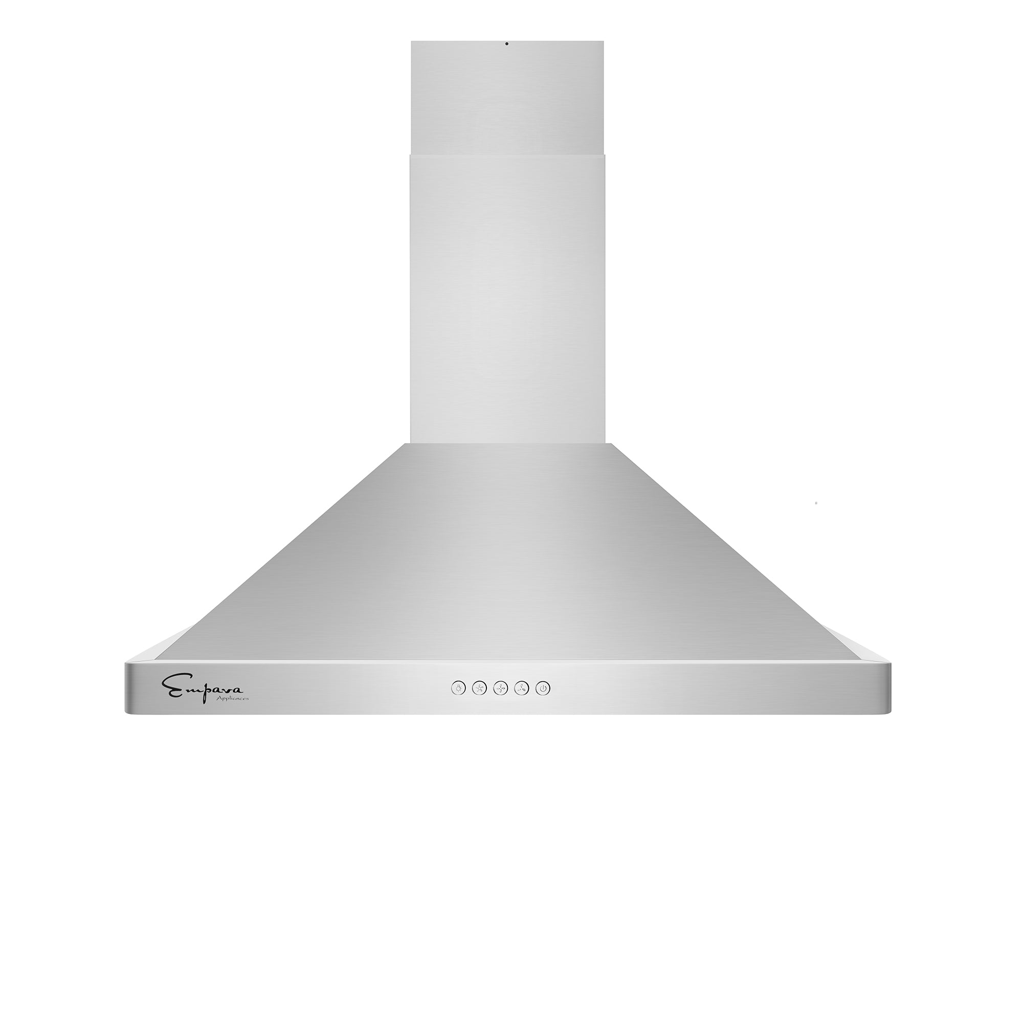 The Empava 30-inch 400 CFM Wall Mount Range Hood features a silver stainless steel pyramid shape and a simple, modern design. It includes a front-facing control panel with four buttons and prominently displays the brand logo on the lower left corner. The chimney section extends upwards, maintaining its sleek look, making it a perfect addition to your collection of Empava appliances.