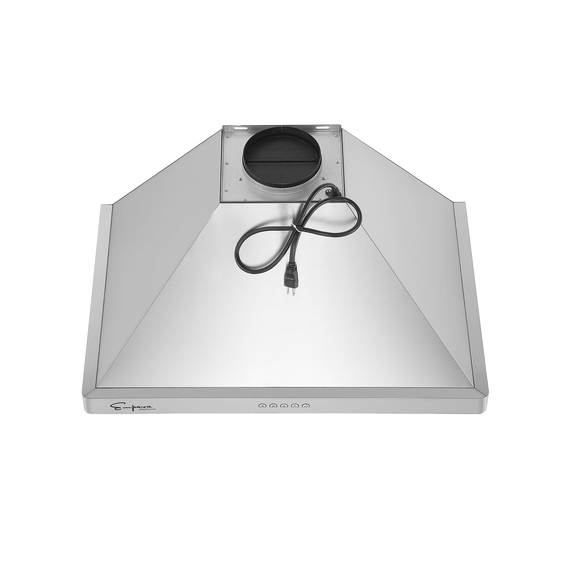 The Empava 30 in. 400 CFM Wall Mount Range Hood features a sleek pyramid design and is shown from the top view. It has a centrally located power cord with a plug on top. The front edge includes control buttons, and there's a circular vent outlet on the top for efficient ventilation.