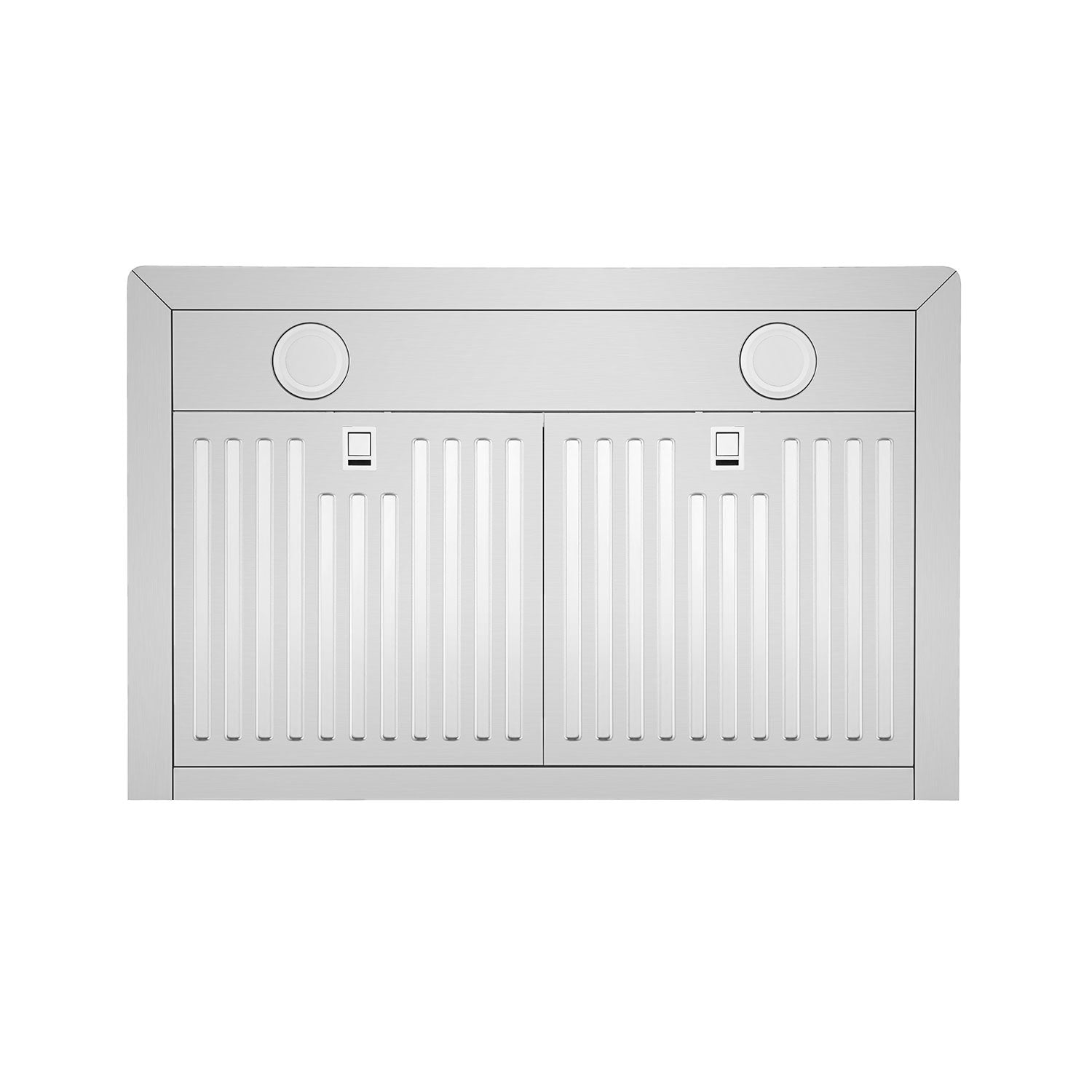 The Empava 30 in. 400 CFM Wall Mount Range Hood boasts two round lights at the top corners and two rectangular buttons beneath them. The hood also features two side-by-side slatted panels for filters, highlighting its modern and minimalist design.